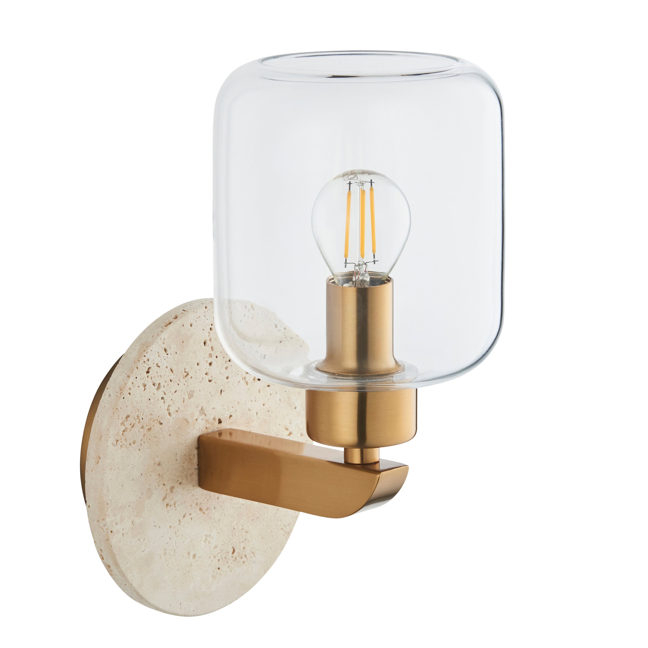 Endon Travi Wall Light - Natural Travertine, Vintage Brass & Clear Glass