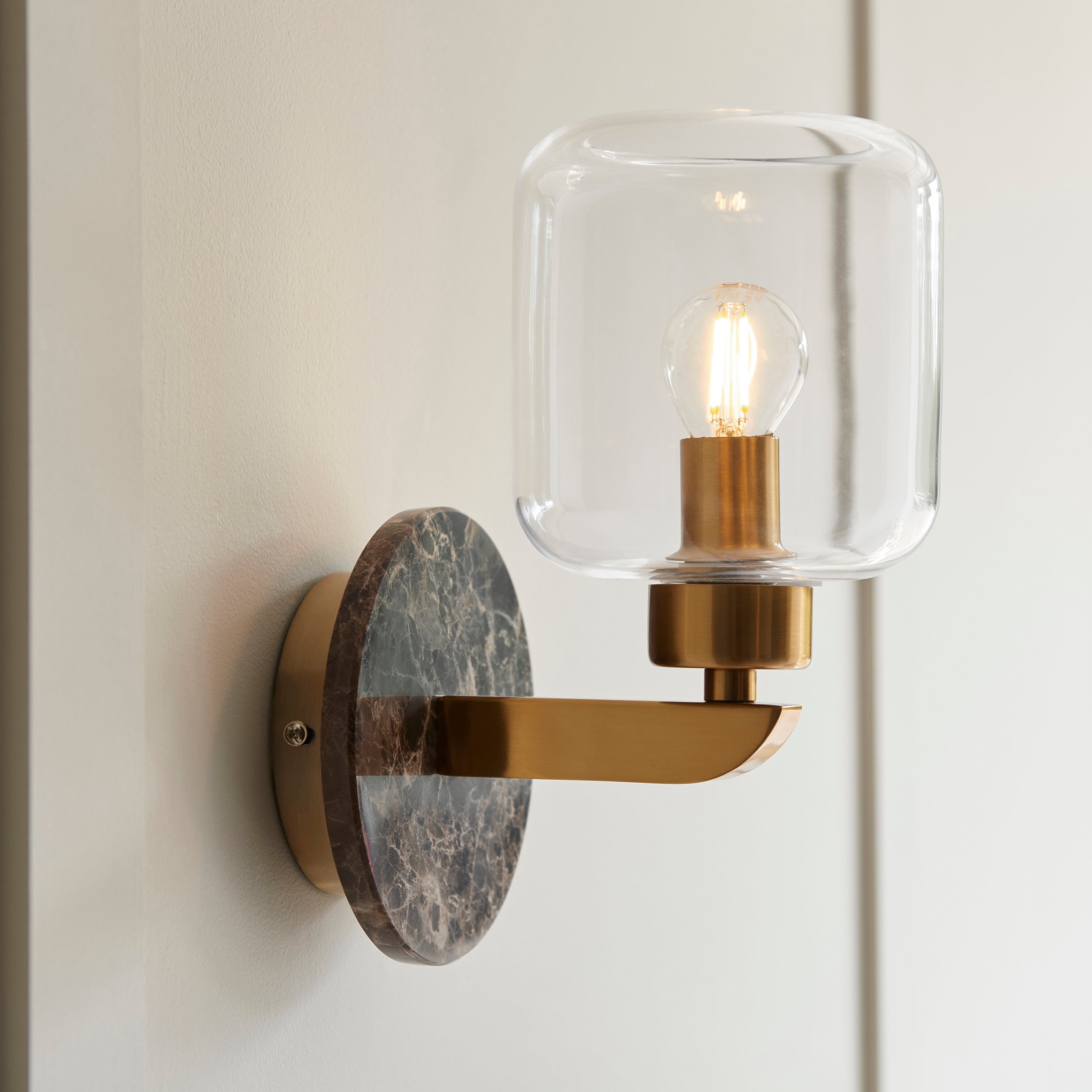Endon Travi Wall Light - Dark Brown Emperador Marble, Vintage Brass & Clear Glass