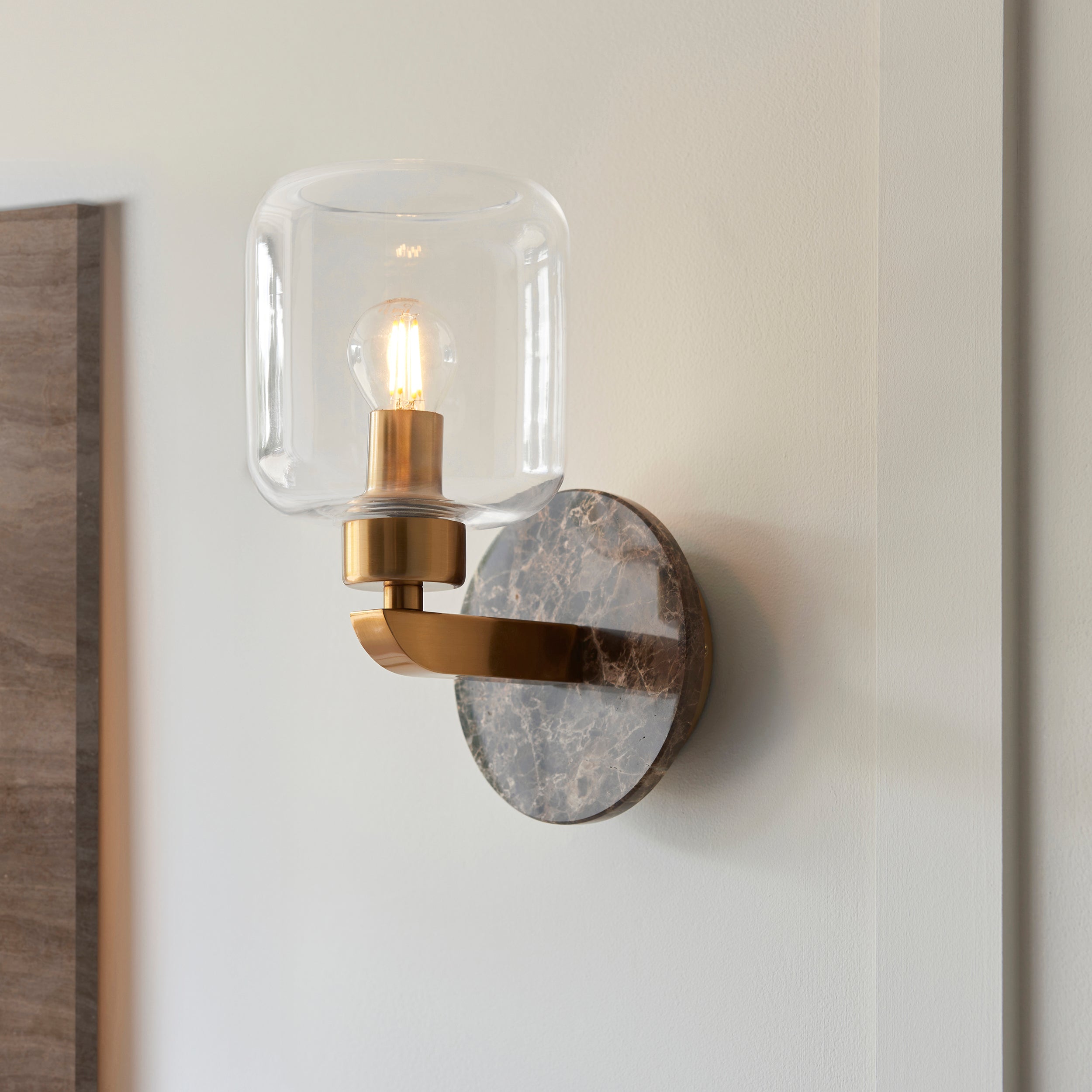 Endon Travi Wall Light - Dark Brown Emperador Marble, Vintage Brass & Clear Glass