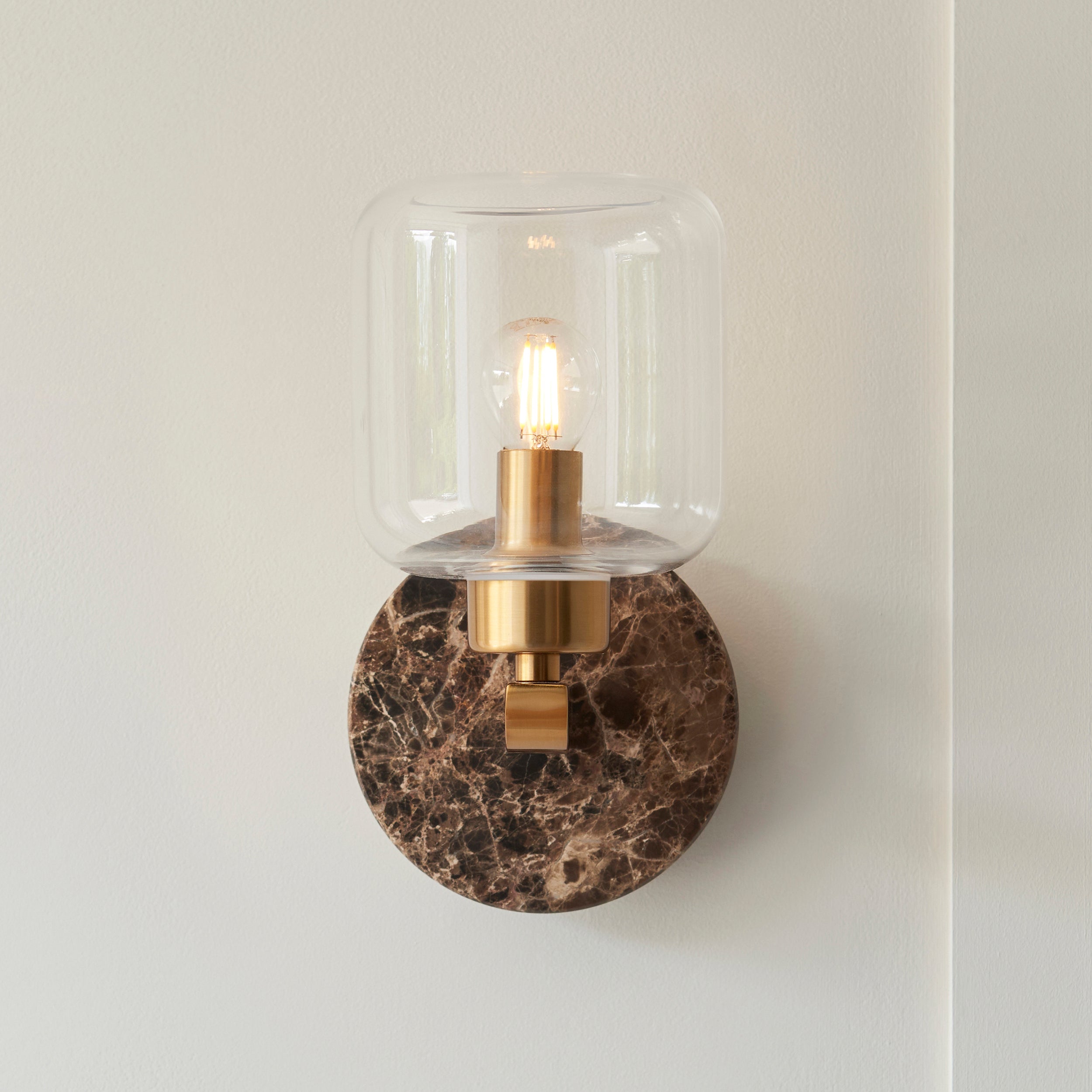 Endon Travi Wall Light - Dark Brown Emperador Marble, Vintage Brass & Clear Glass