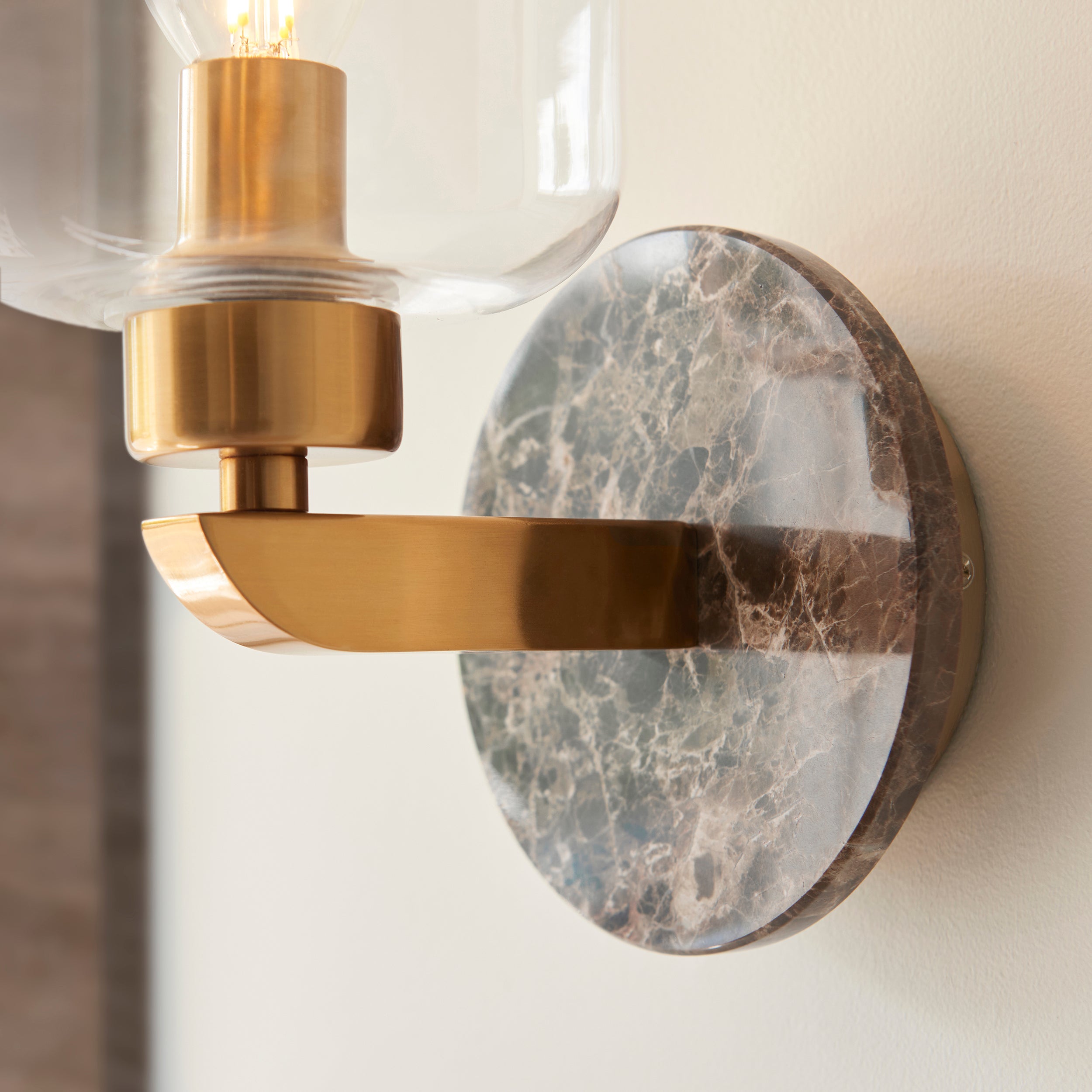 Endon Travi Wall Light - Dark Brown Emperador Marble, Vintage Brass & Clear Glass