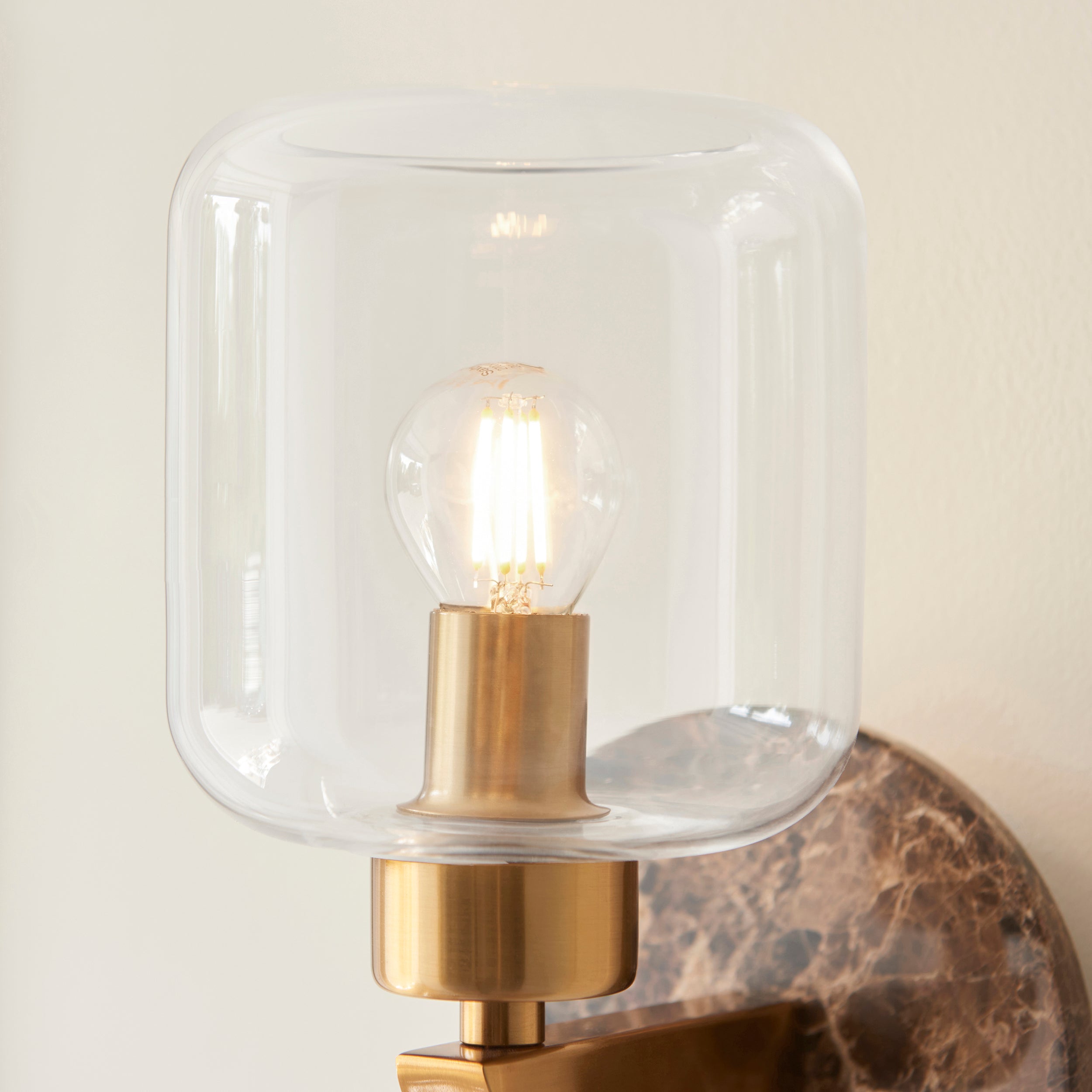 Endon Travi Wall Light - Dark Brown Emperador Marble, Vintage Brass & Clear Glass