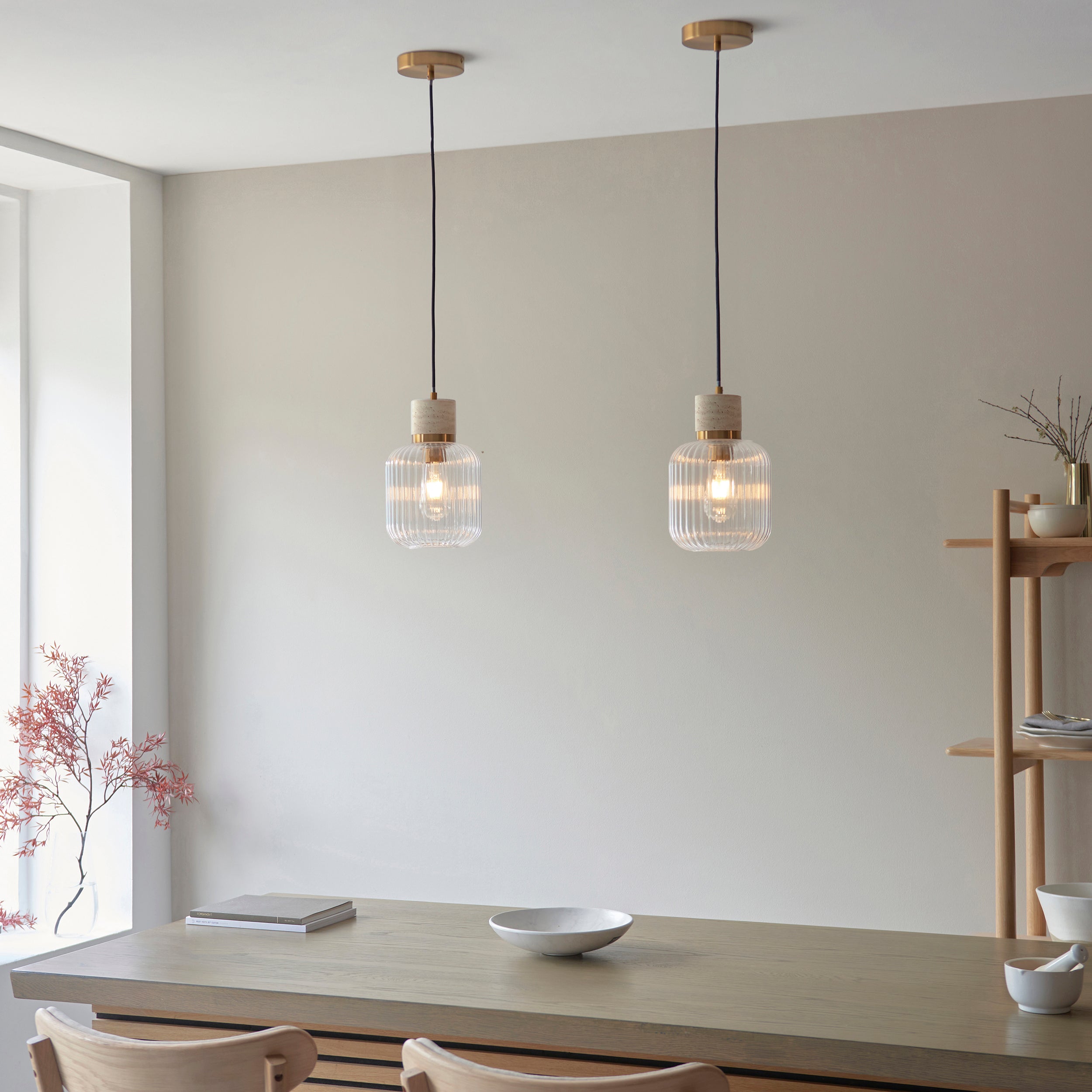 Endon Travi Ribbed Pendant - Natural Travertine, Vintage Brass & Clear Ribbed Glass