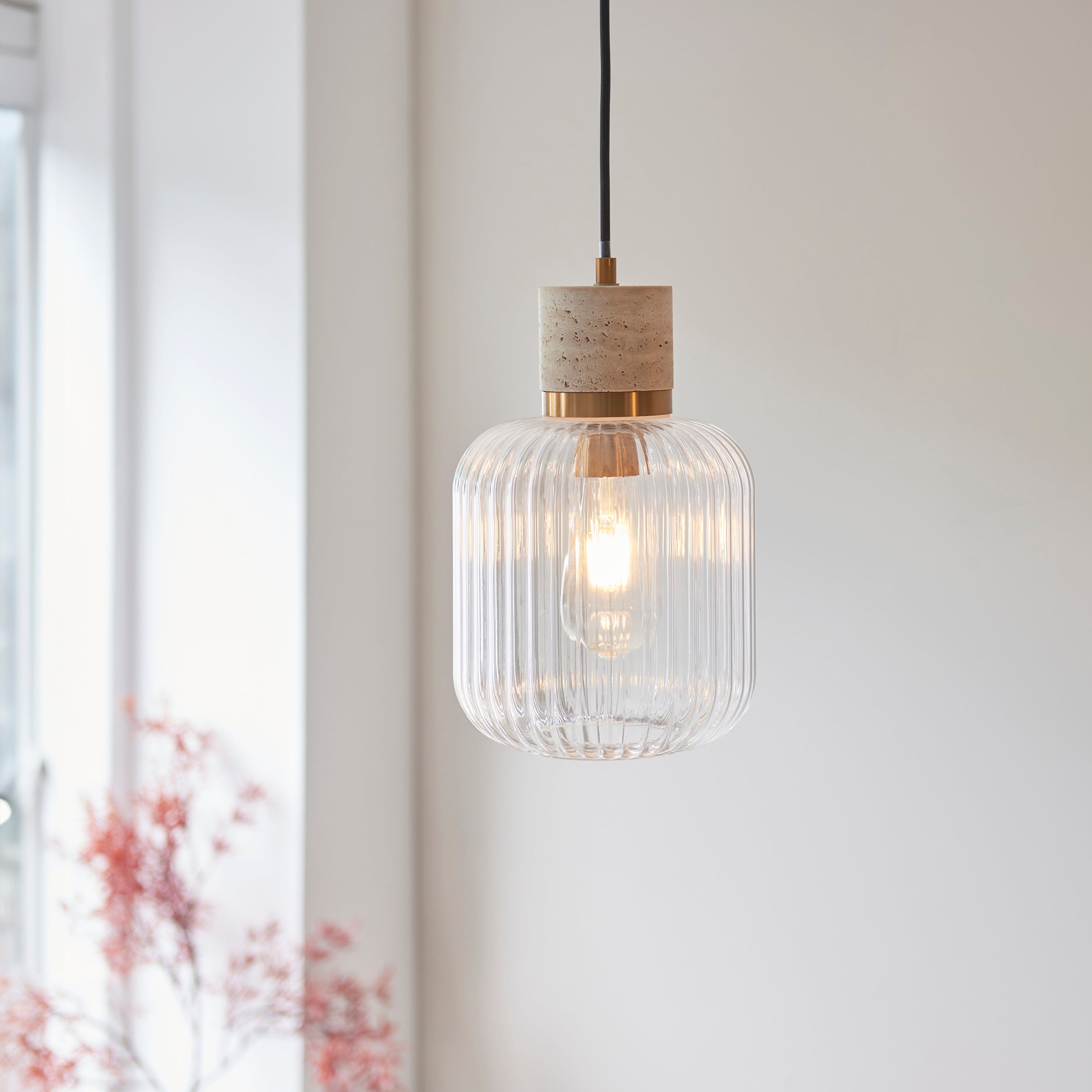 Endon Travi Ribbed Pendant - Natural Travertine, Vintage Brass & Clear Ribbed Glass