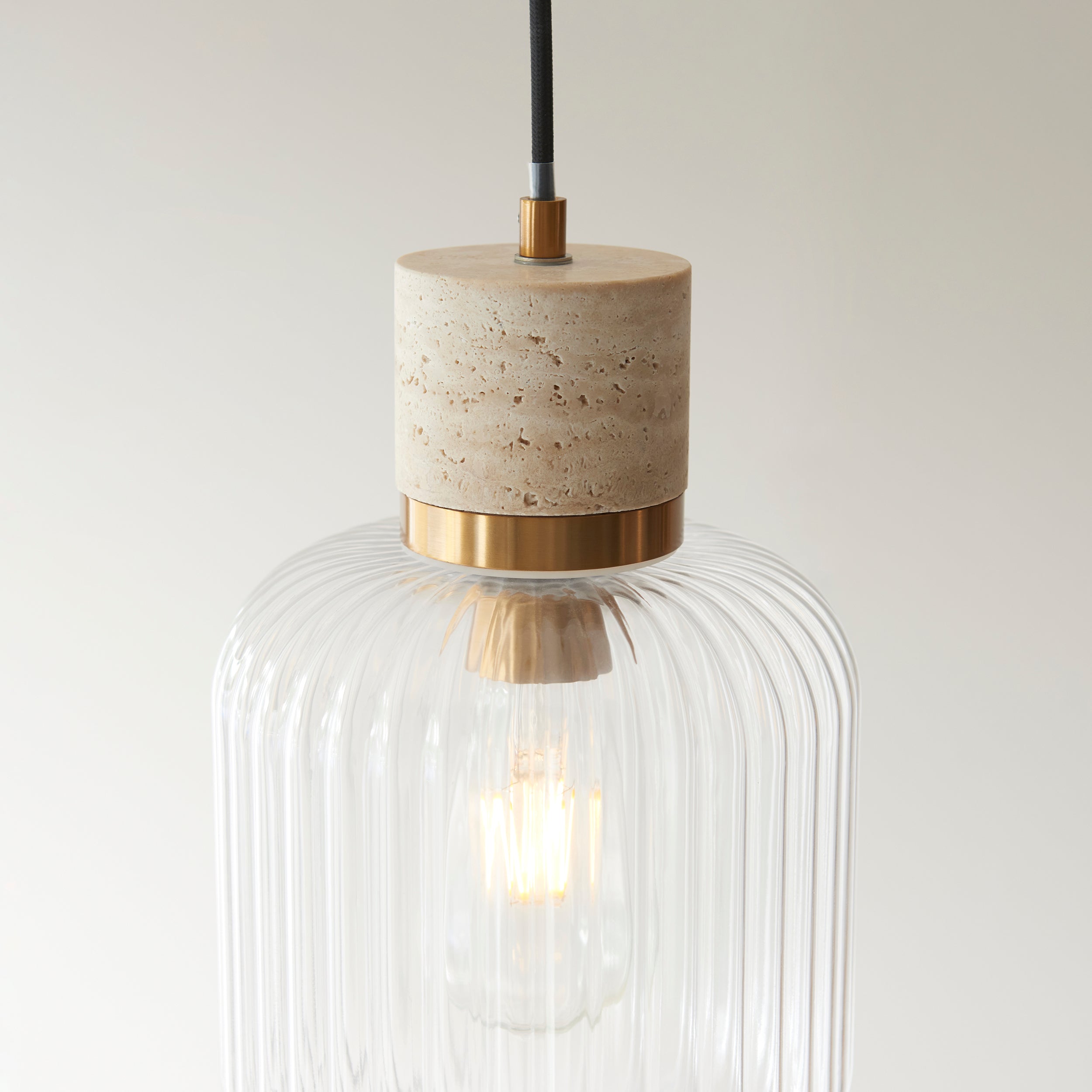 Endon Travi Ribbed Pendant - Natural Travertine, Vintage Brass & Clear Ribbed Glass