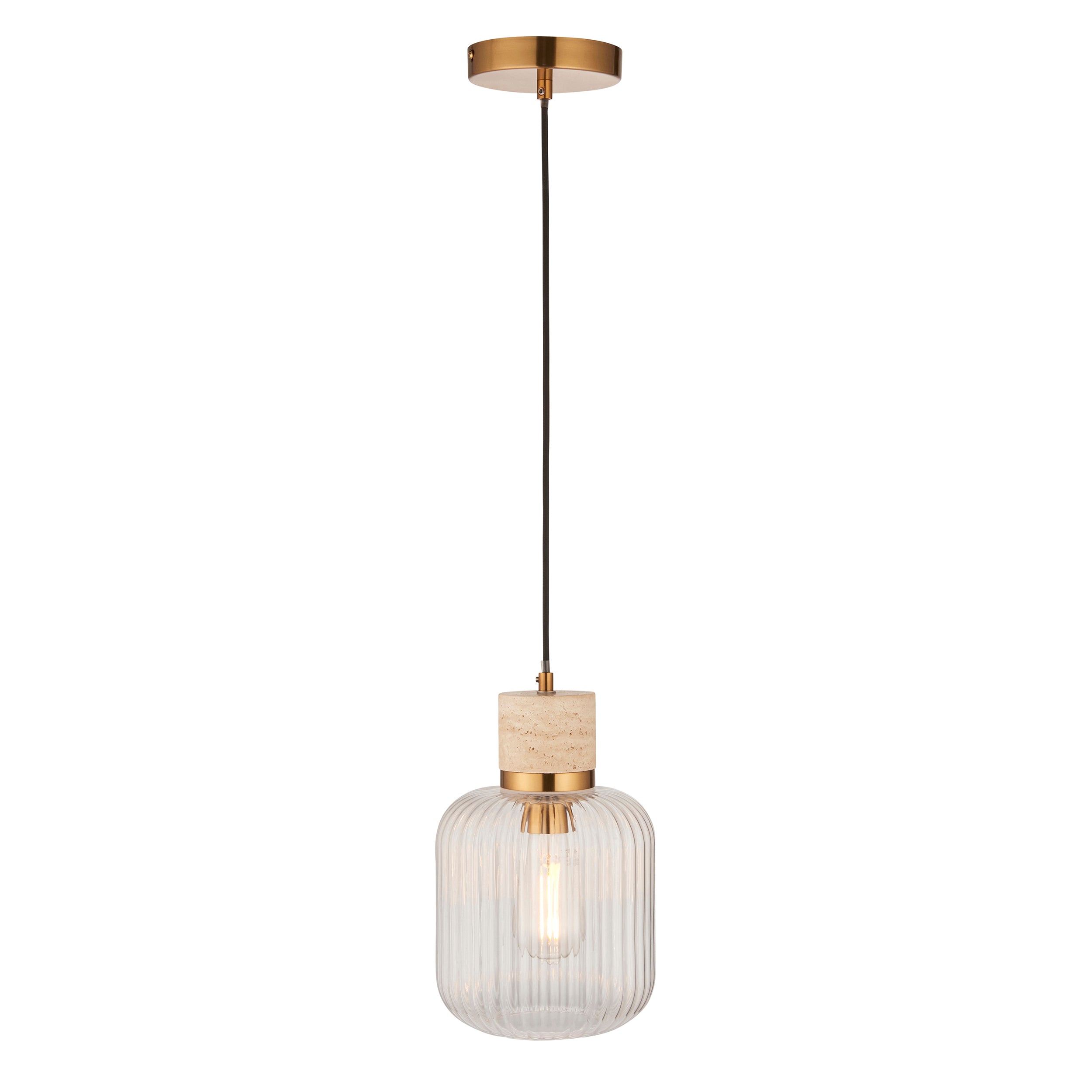 Endon Travi Ribbed Pendant - Natural Travertine, Vintage Brass & Clear Ribbed Glass