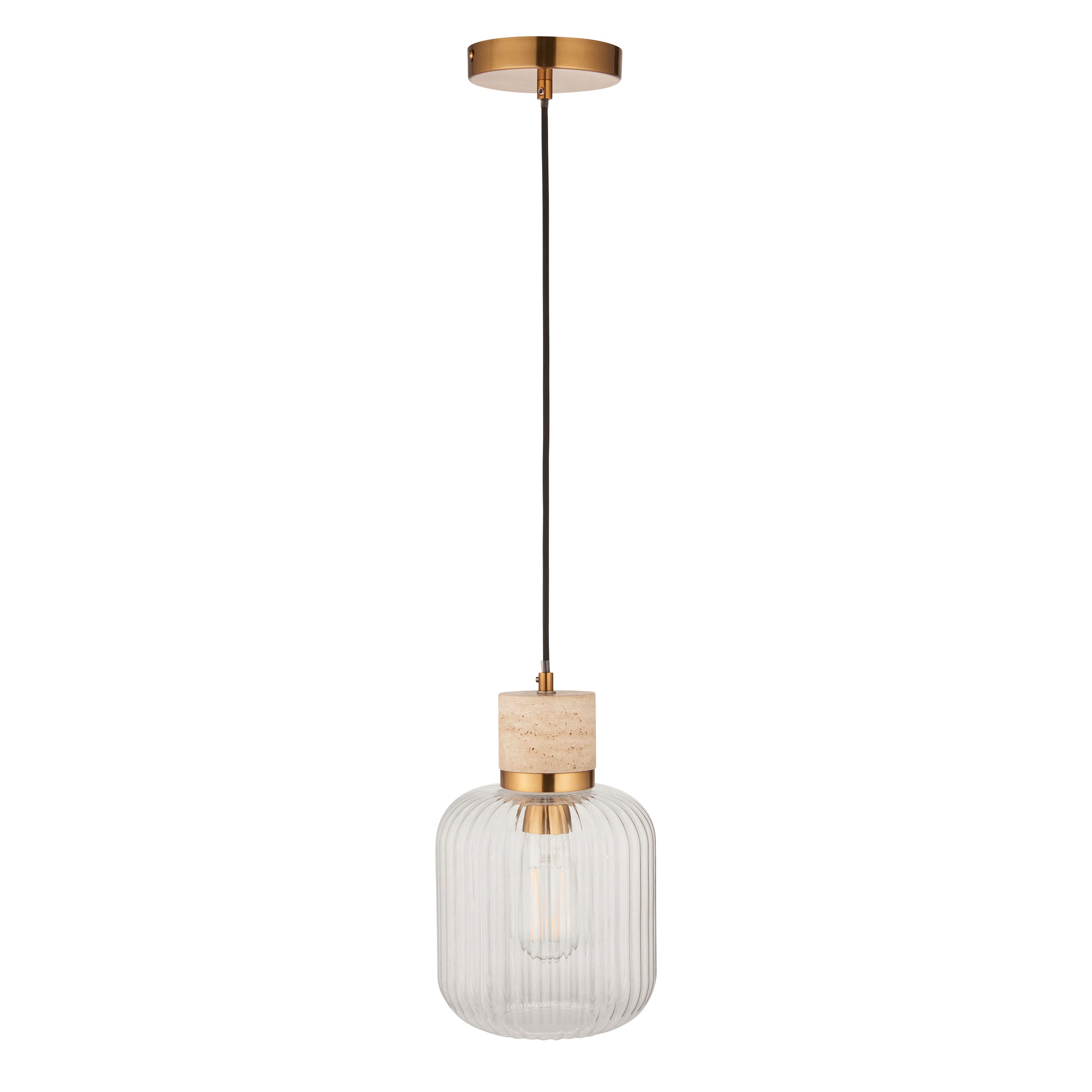 Endon Travi Ribbed Pendant - Natural Travertine, Vintage Brass & Clear Ribbed Glass