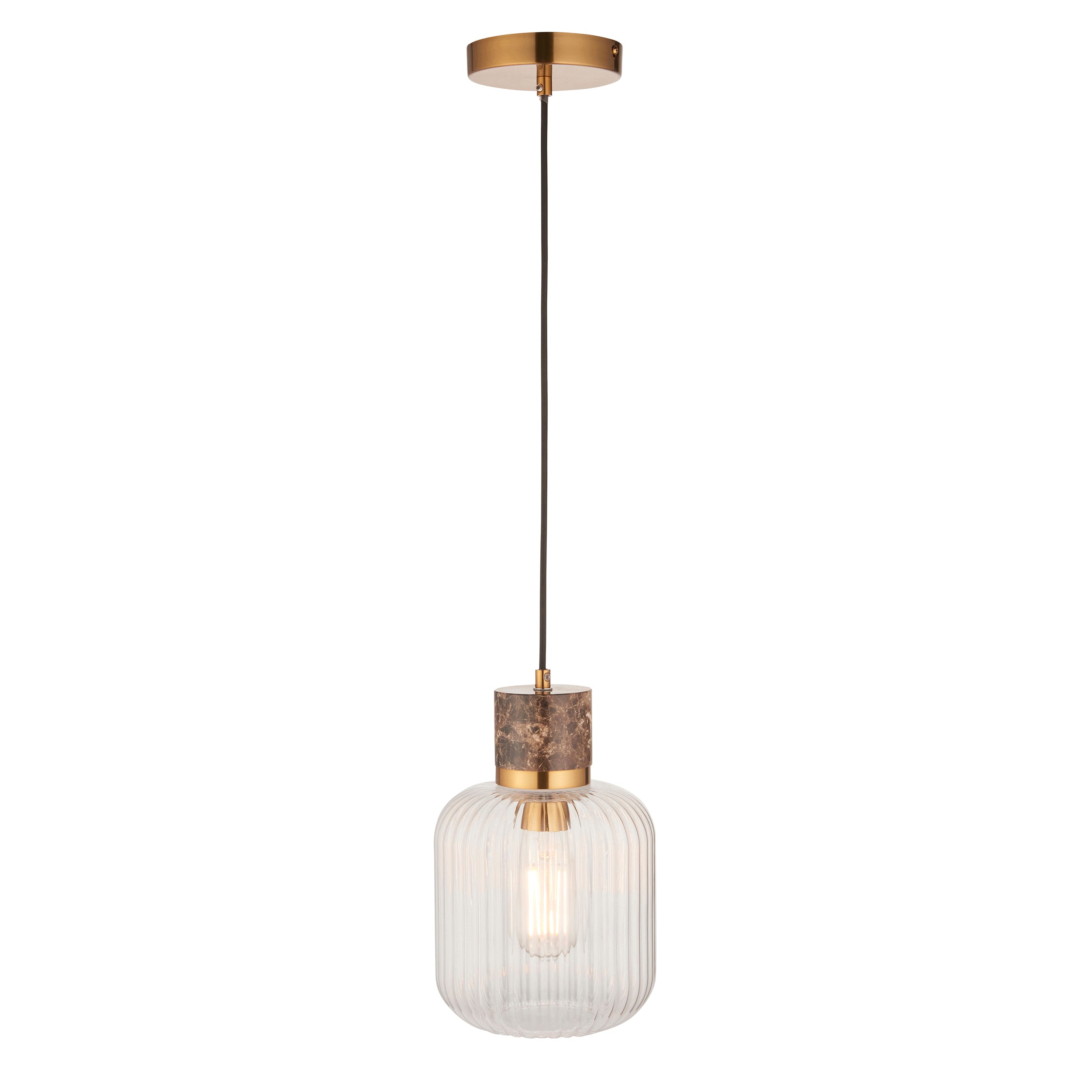 Endon Travi Ribbed Pendant - Dark Brown Emperador Marble, Vintage Brass & Clear Ribbed Glass