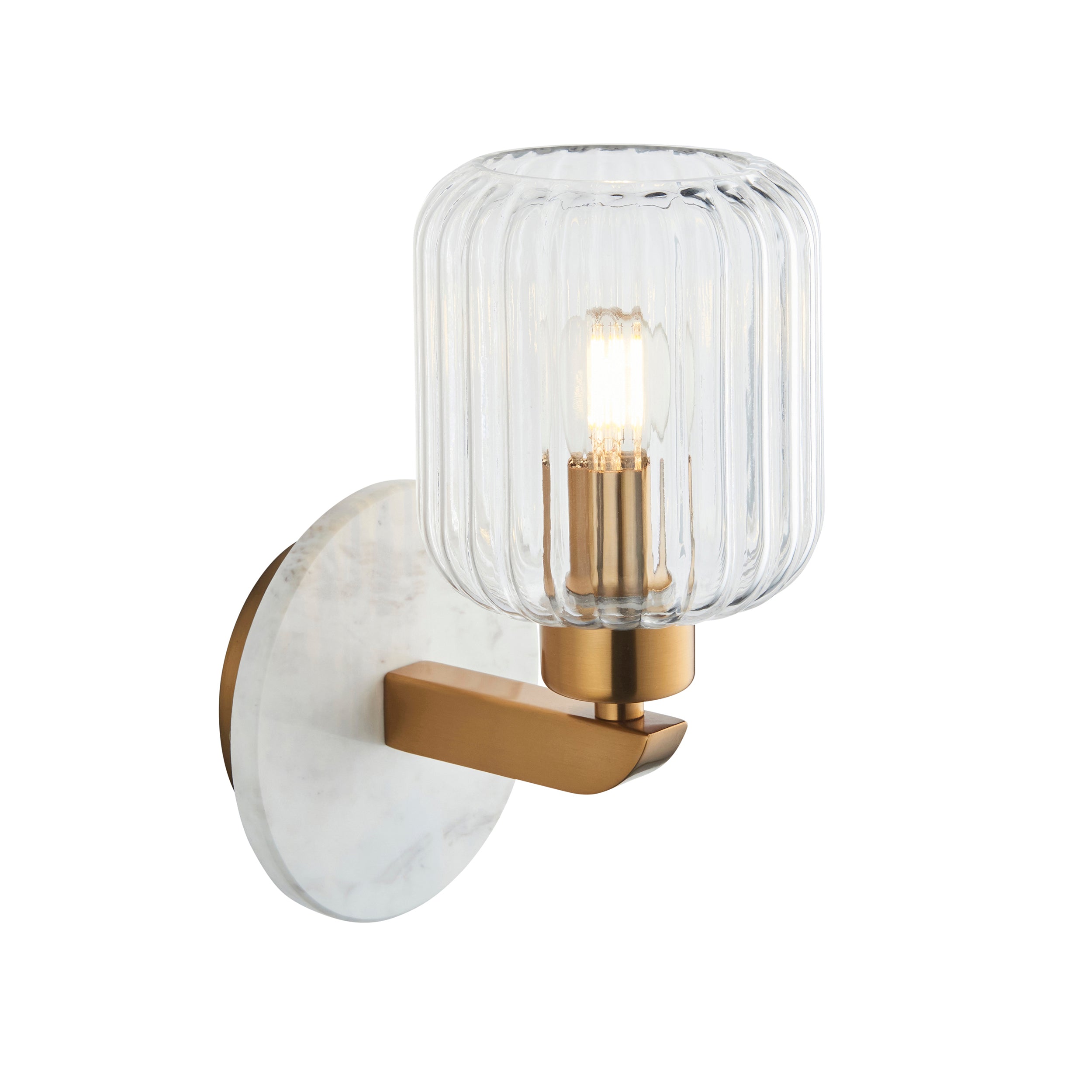 Endon Travi Ribbed Wall Light - White Volakas Marble, Vintage Brass & Clear Ribbed Glass