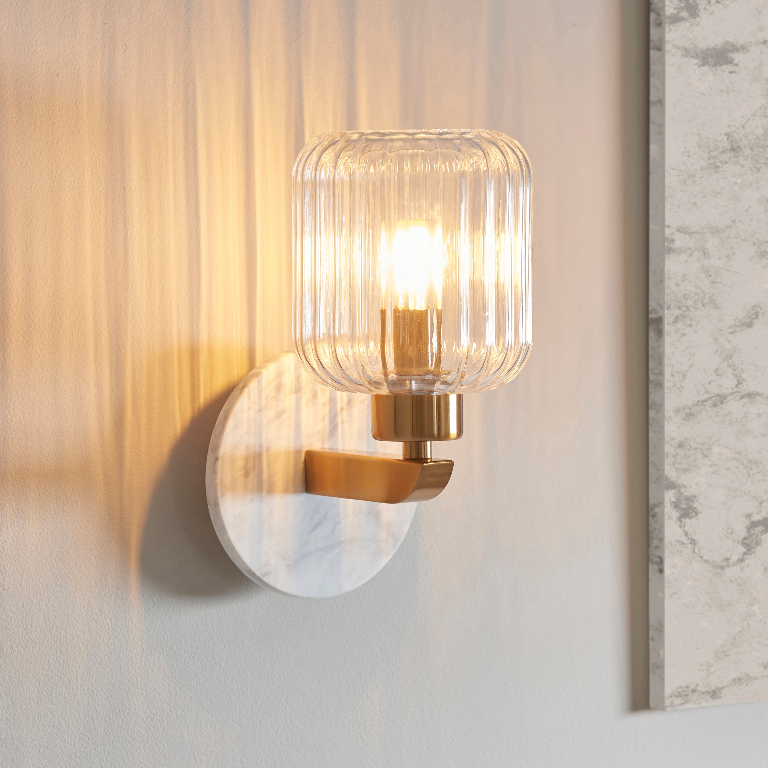 Endon Travi Ribbed Wall Light - White Volakas Marble, Vintage Brass & Clear Ribbed Glass
