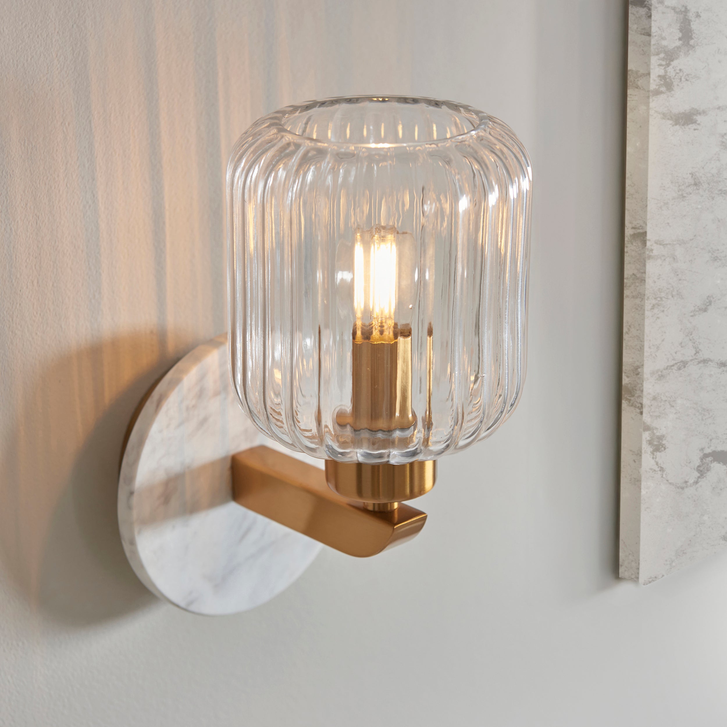 Endon Travi Ribbed Wall Light - White Volakas Marble, Vintage Brass & Clear Ribbed Glass