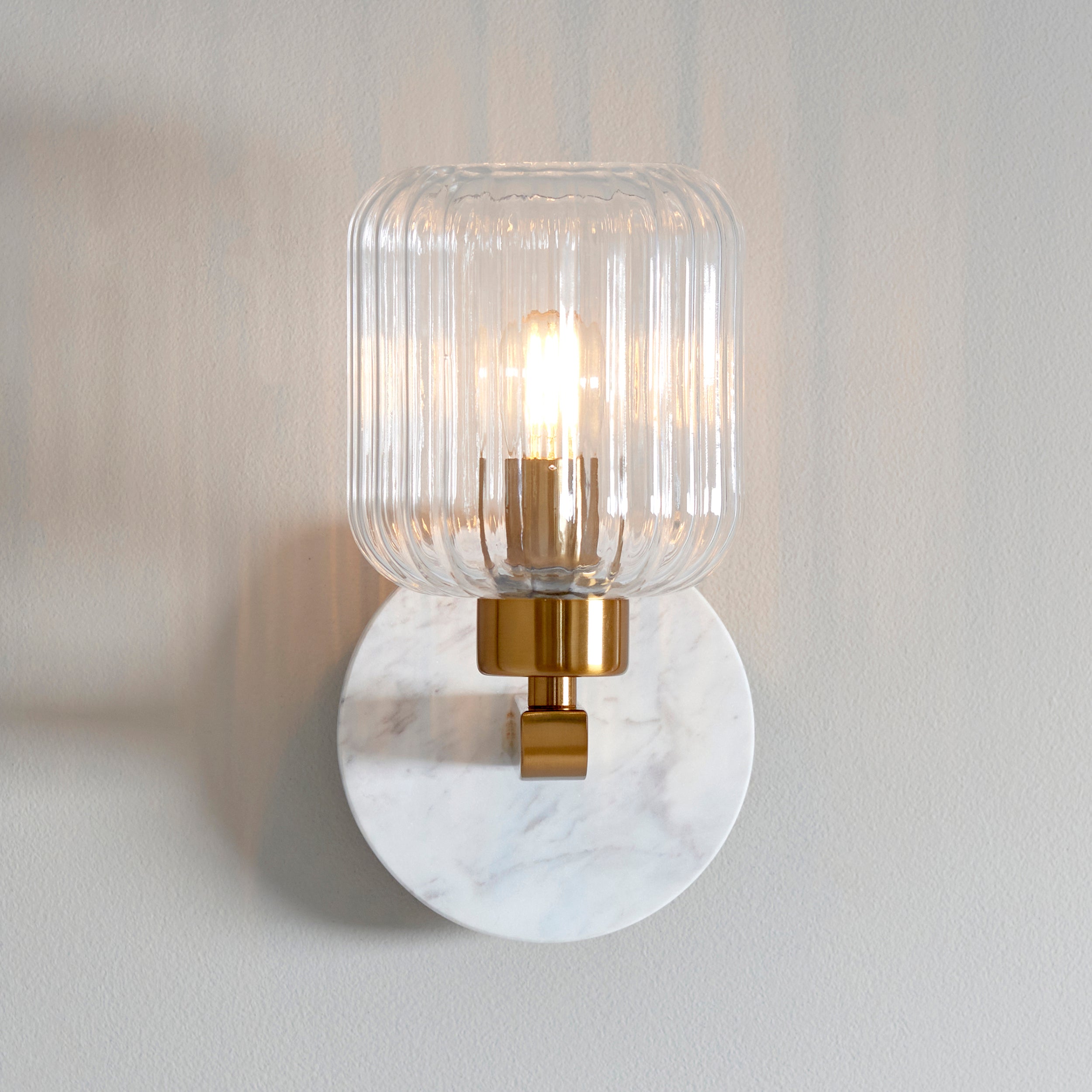 Endon Travi Ribbed Wall Light - White Volakas Marble, Vintage Brass & Clear Ribbed Glass