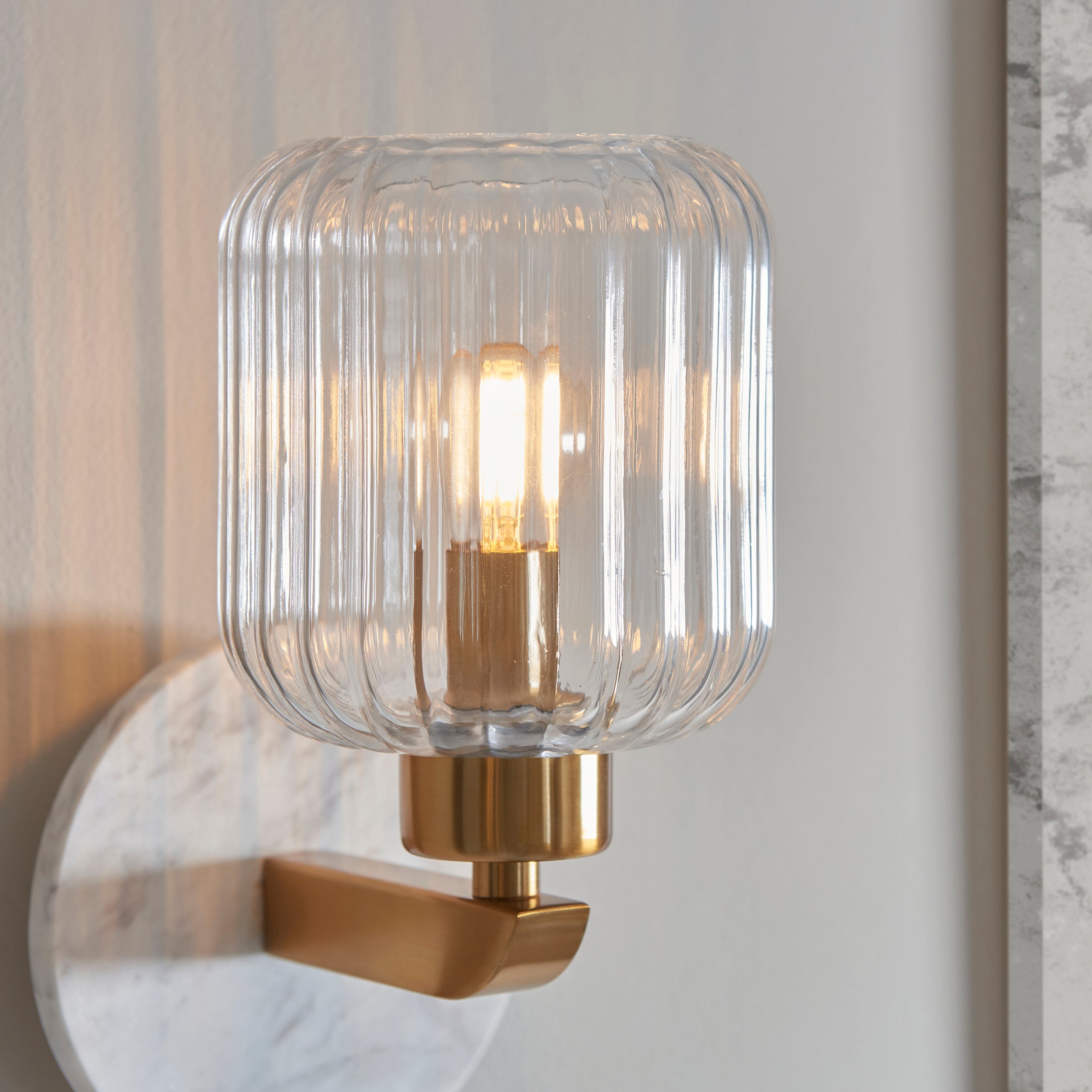 Endon Travi Ribbed Wall Light - White Volakas Marble, Vintage Brass & Clear Ribbed Glass