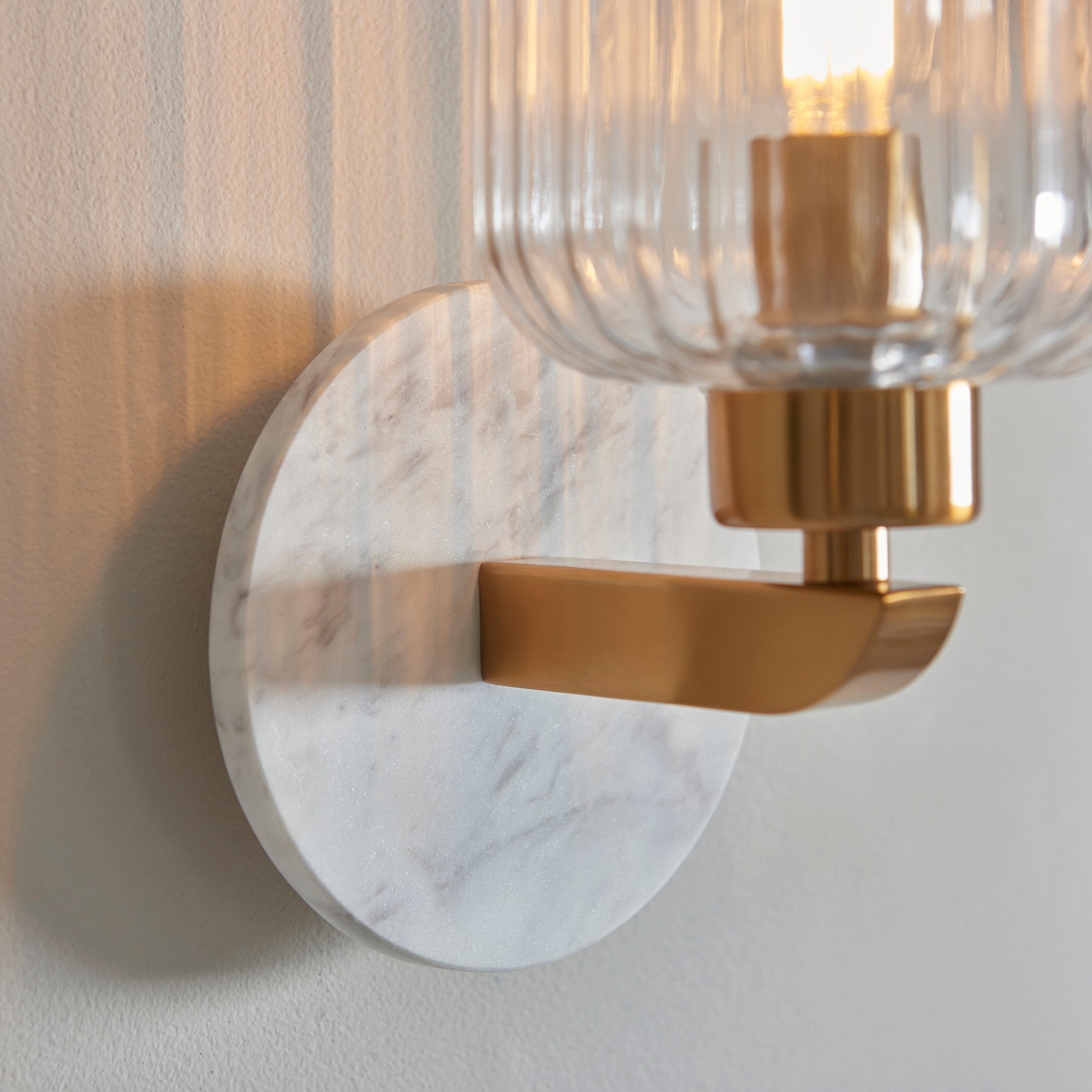 Endon Travi Ribbed Wall Light - White Volakas Marble, Vintage Brass & Clear Ribbed Glass