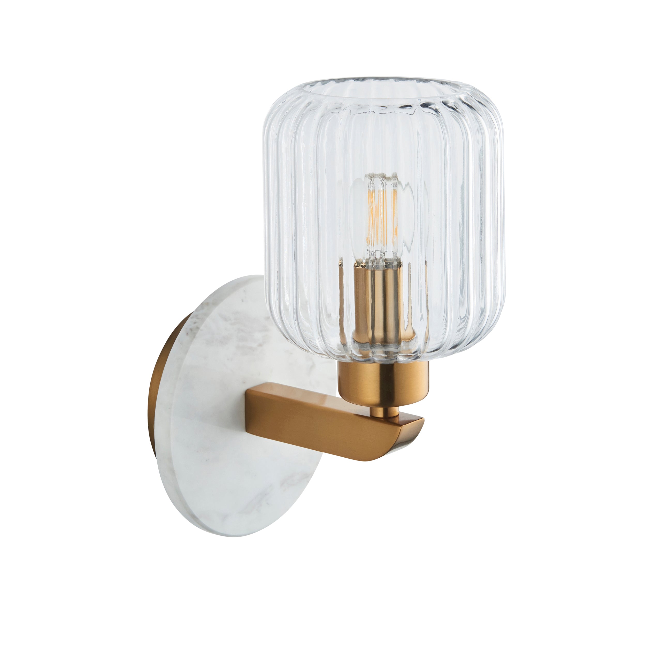 Endon Travi Ribbed Wall Light - White Volakas Marble, Vintage Brass & Clear Ribbed Glass