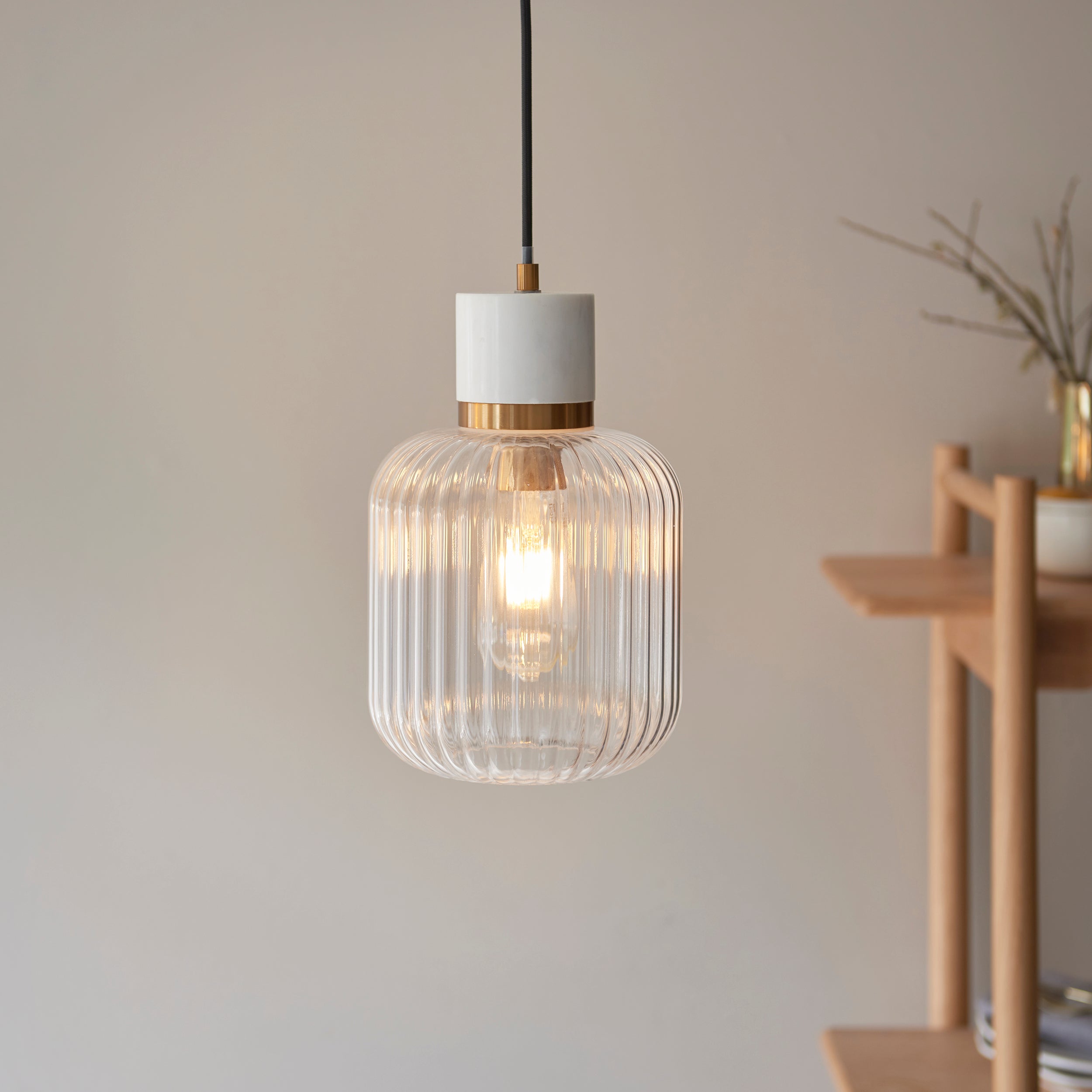Endon Travi Ribbed Pendant - White Volakas Marble, Vintage Brass & Clear Ribbed Glass