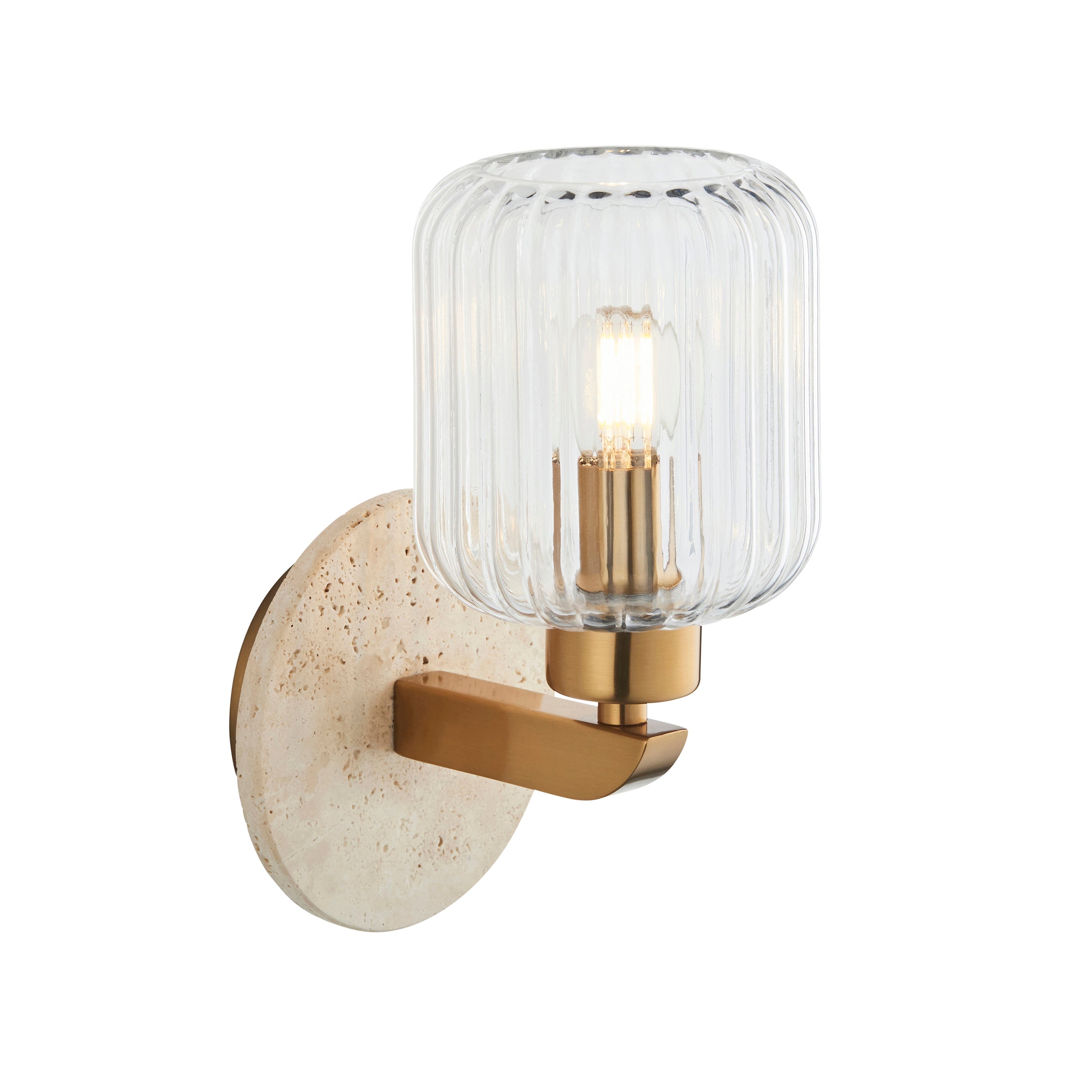 Endon Travi Ribbed Wall Light - Beige Textured Marble, Vintage Brass & Clear Ribbed Glass