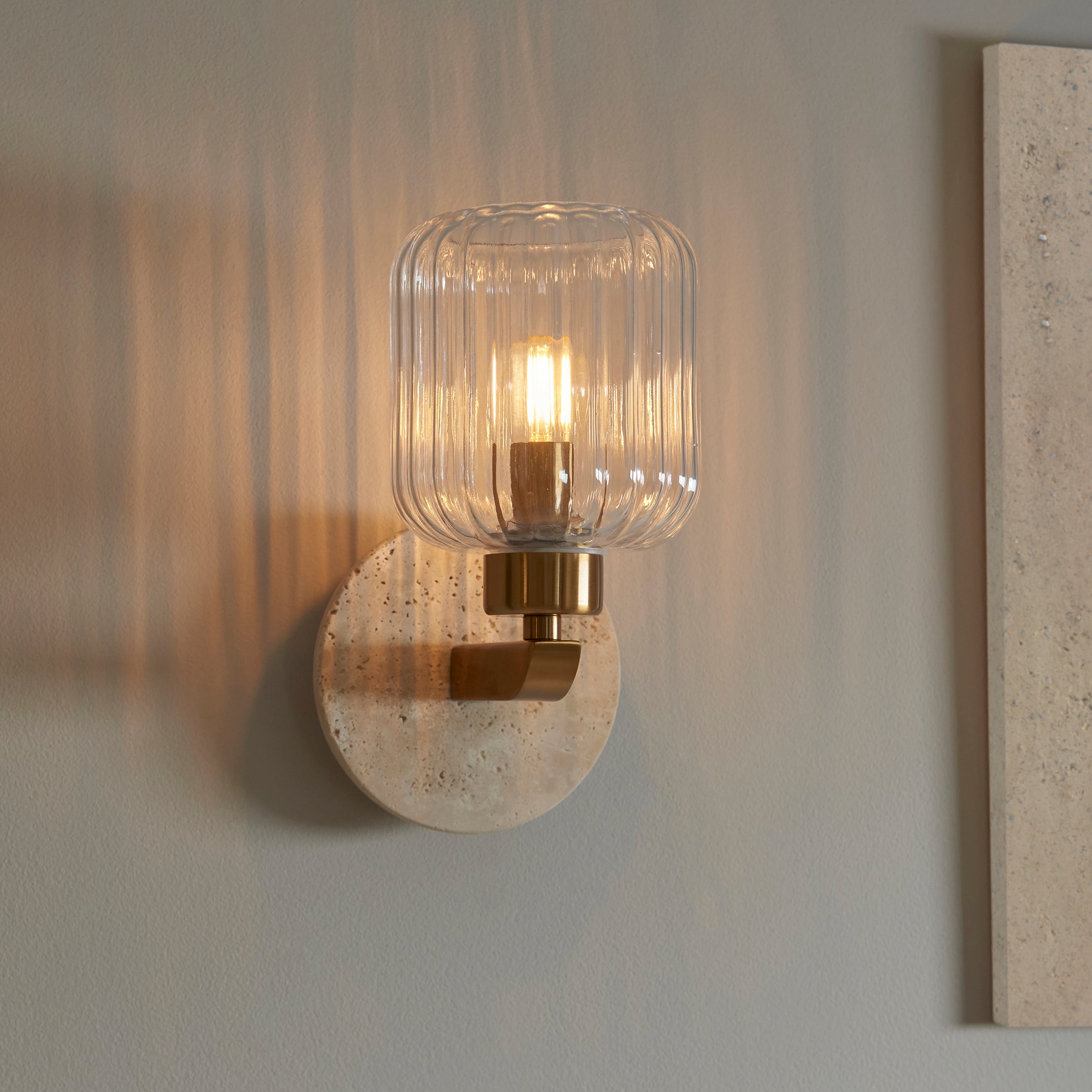 Endon Travi Ribbed Wall Light - Beige Textured Marble, Vintage Brass & Clear Ribbed Glass