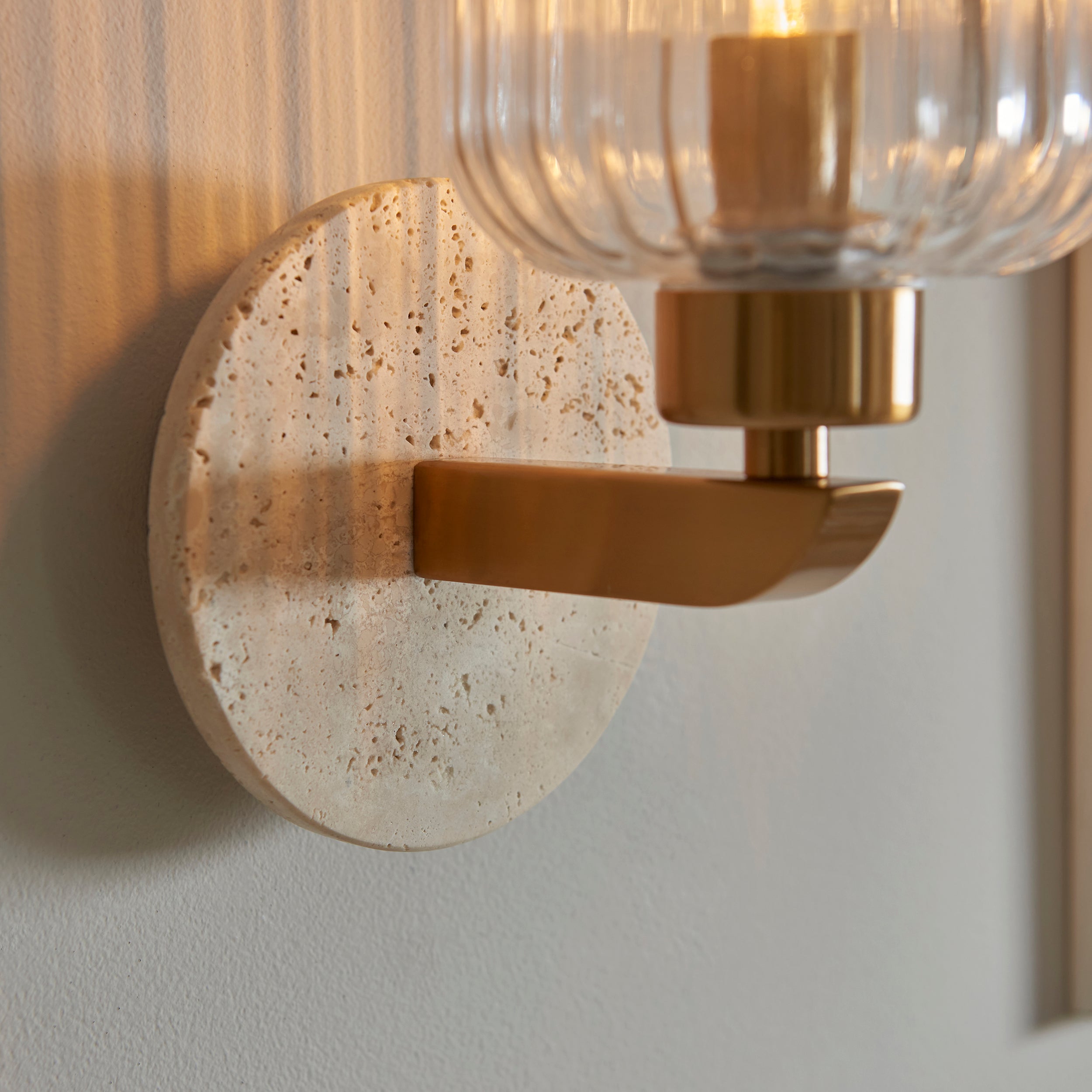 Endon Travi Ribbed Wall Light - Beige Textured Marble, Vintage Brass & Clear Ribbed Glass