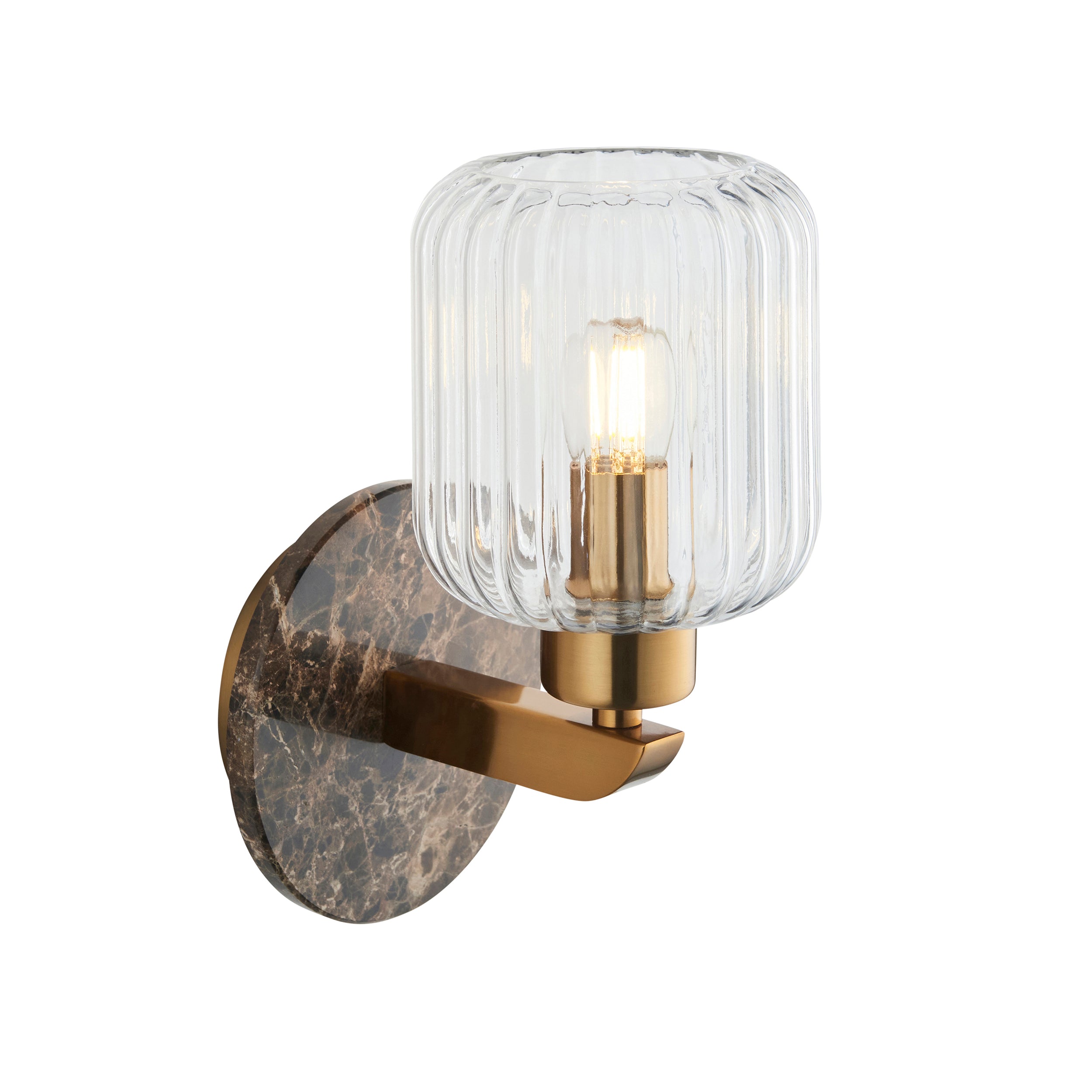 Endon Travi Ribbed Wall Light - Dark Brown Emperador Marble, Vintage Brass & Clear Ribbed Glass