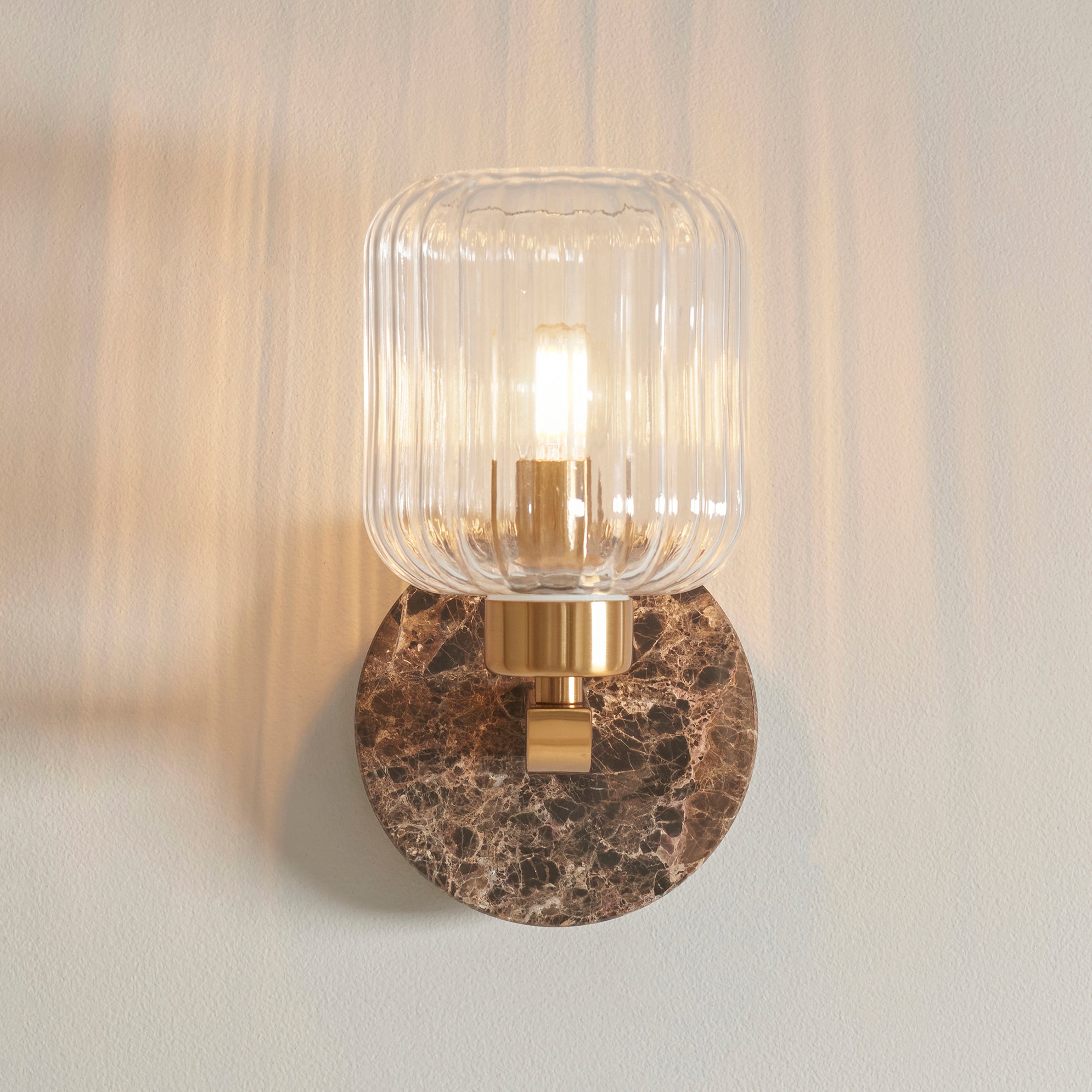 Endon Travi Ribbed Wall Light - Dark Brown Emperador Marble, Vintage Brass & Clear Ribbed Glass