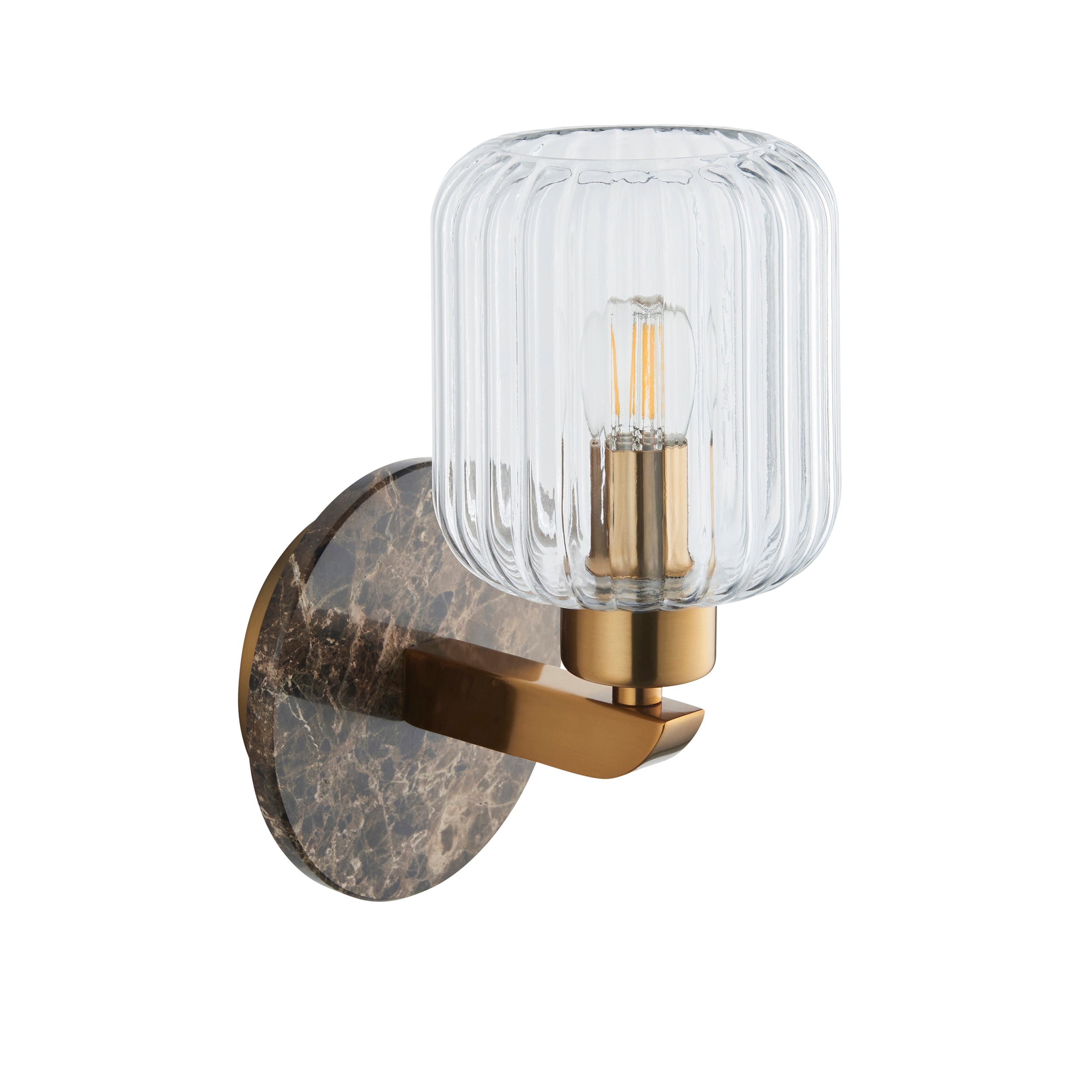 Endon Travi Ribbed Wall Light - Dark Brown Emperador Marble, Vintage Brass & Clear Ribbed Glass