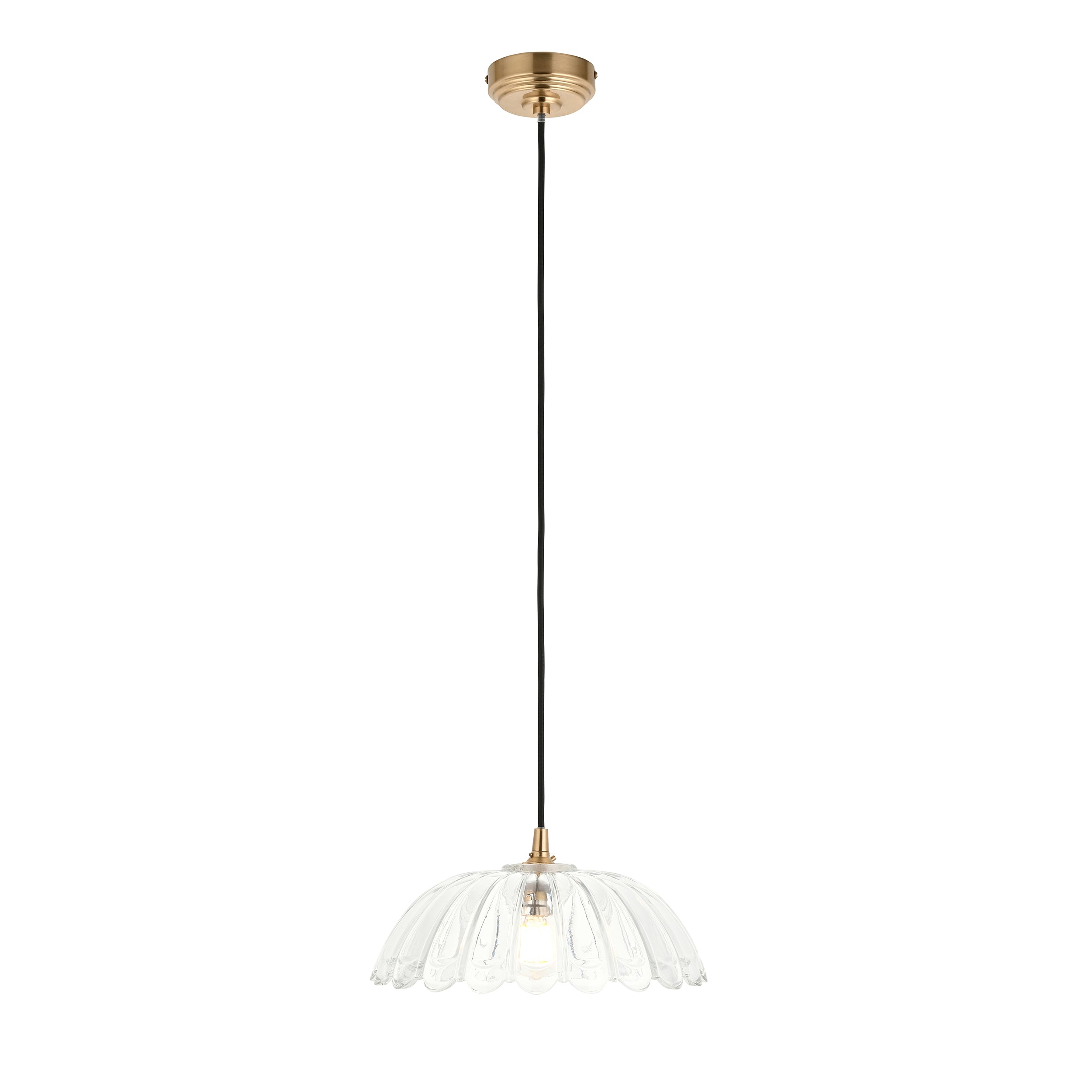 Endon Eltham & Carnation Pendant - Clear Glass & Brushed Aged Brass With Black Braided Cable