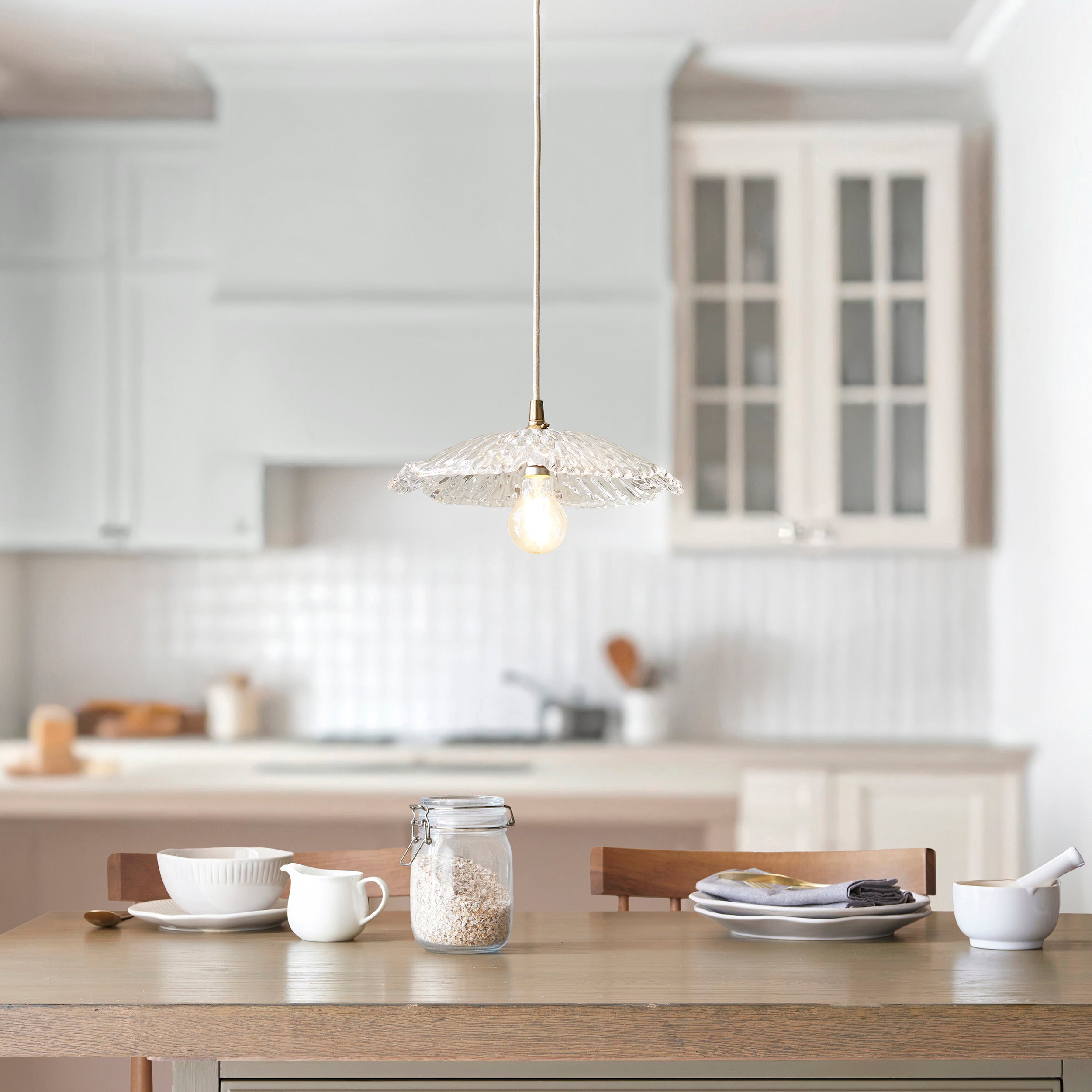 Endon Eltham & Orchid Pendant - Clear Glass & Brushed Aged Brass With Black Braided Cable