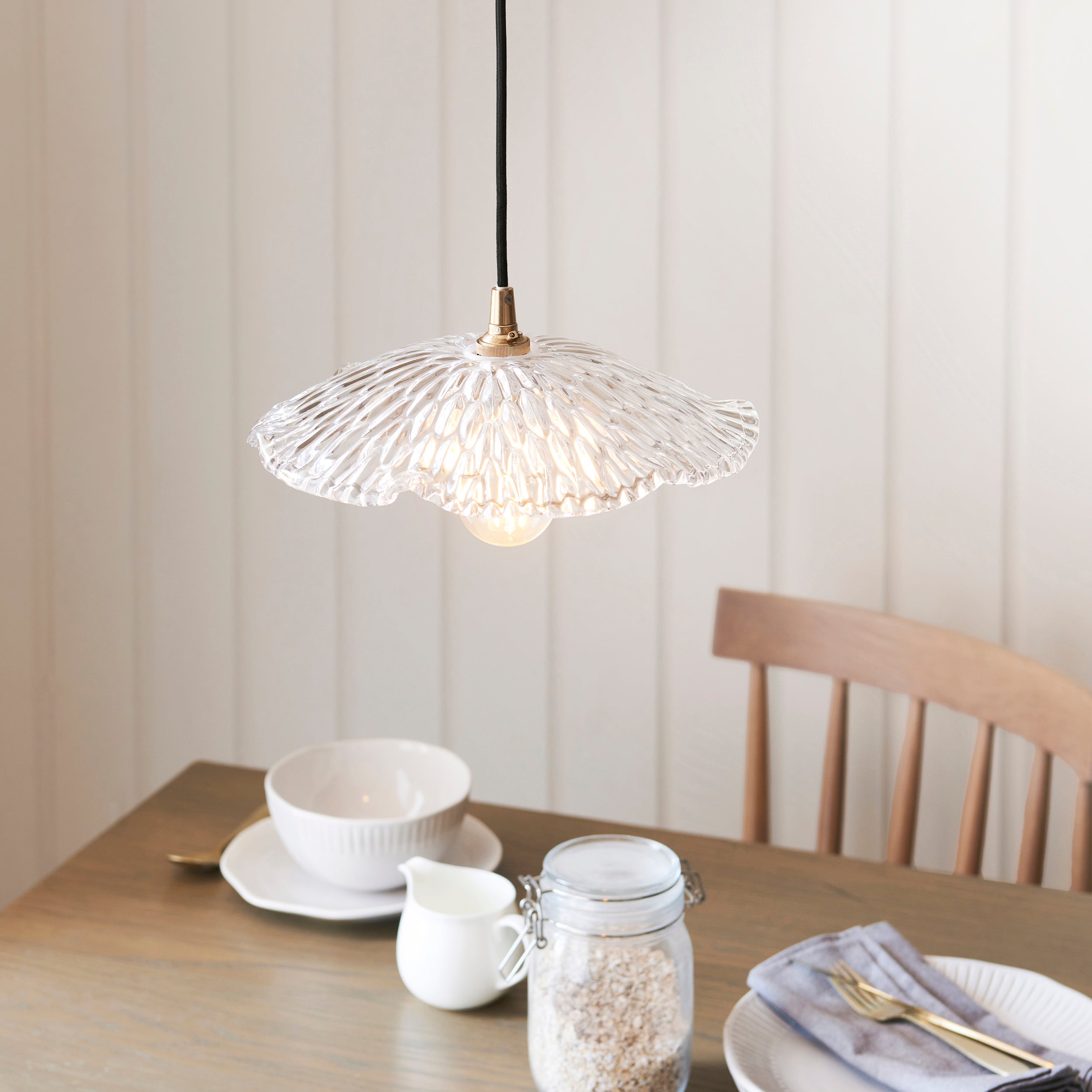 Endon Eltham & Orchid Pendant - Clear Glass & Brushed Aged Brass With Black Braided Cable