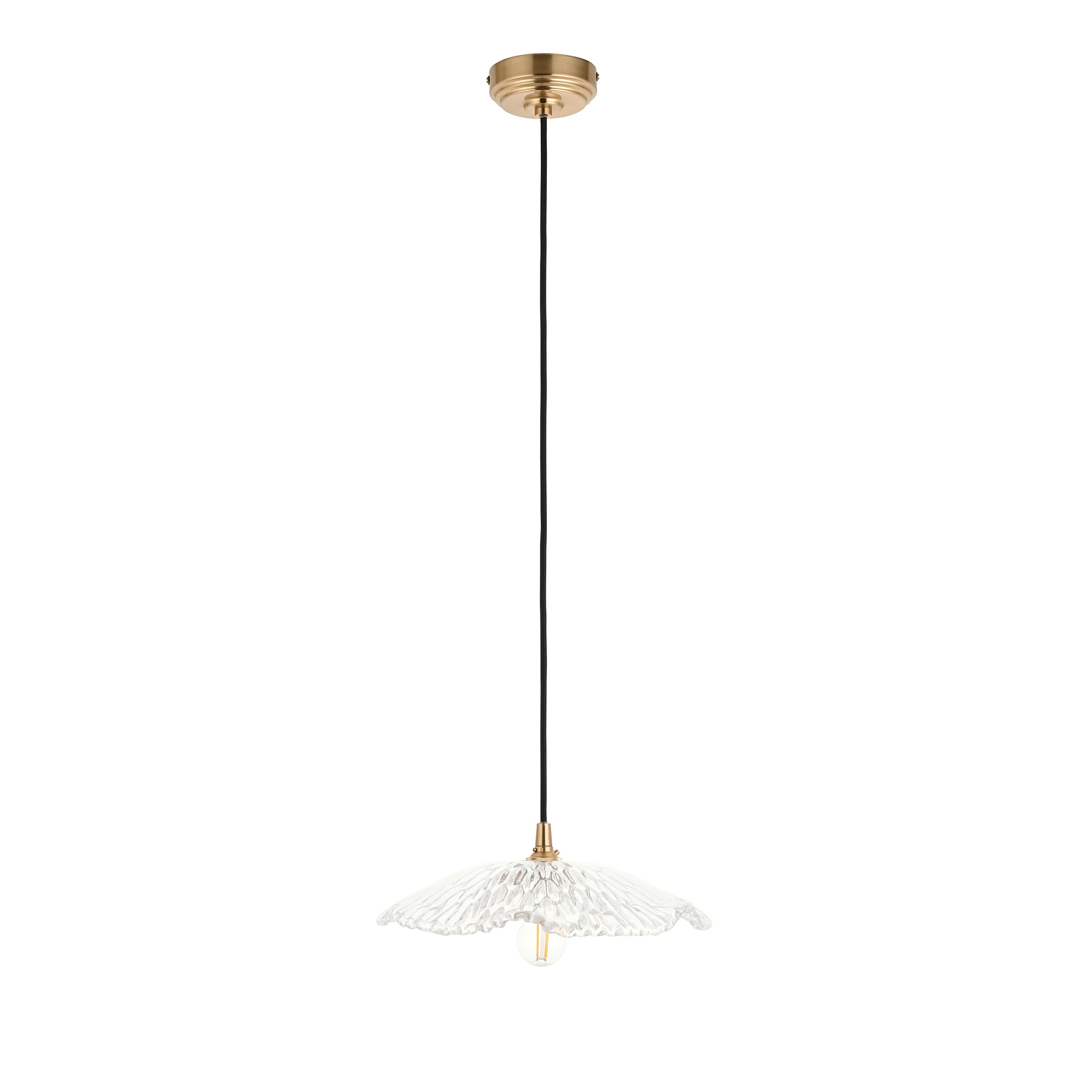 Endon Eltham & Orchid Pendant - Clear Glass & Brushed Aged Brass With Black Braided Cable