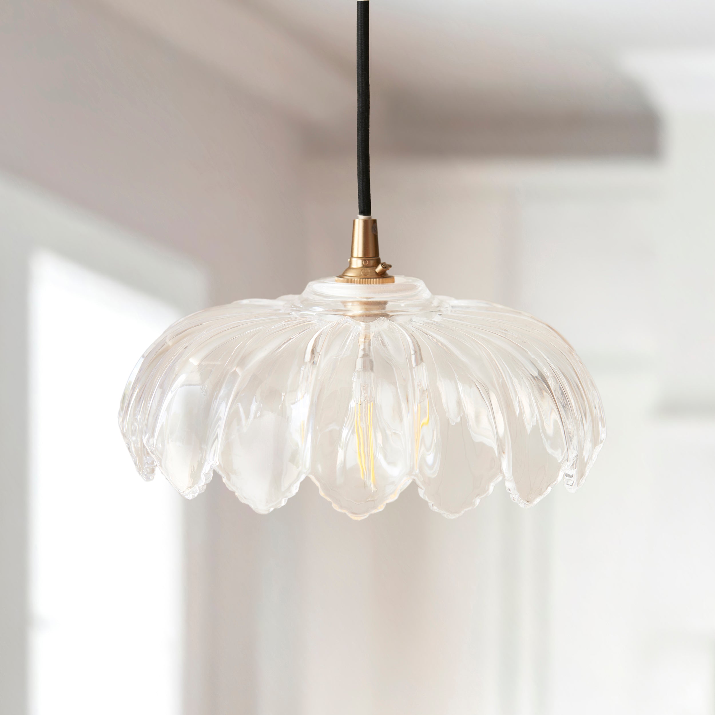 Endon Eltham & Camellia Pendant - Clear Glass, Brushed Aged Brass Plate & Black Braided Flex