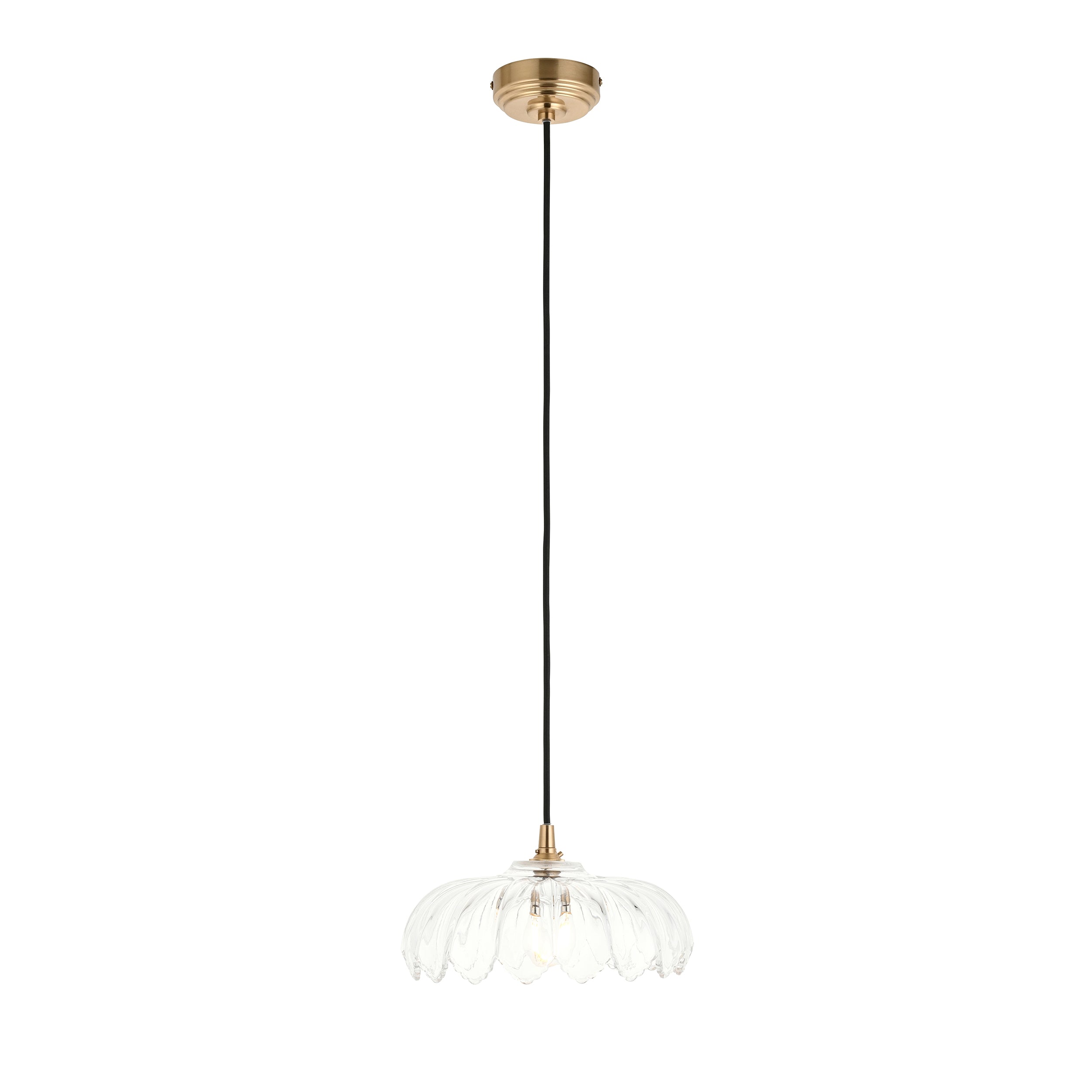 Endon Eltham & Camellia Pendant - Clear Glass, Brushed Aged Brass Plate & Black Braided Flex