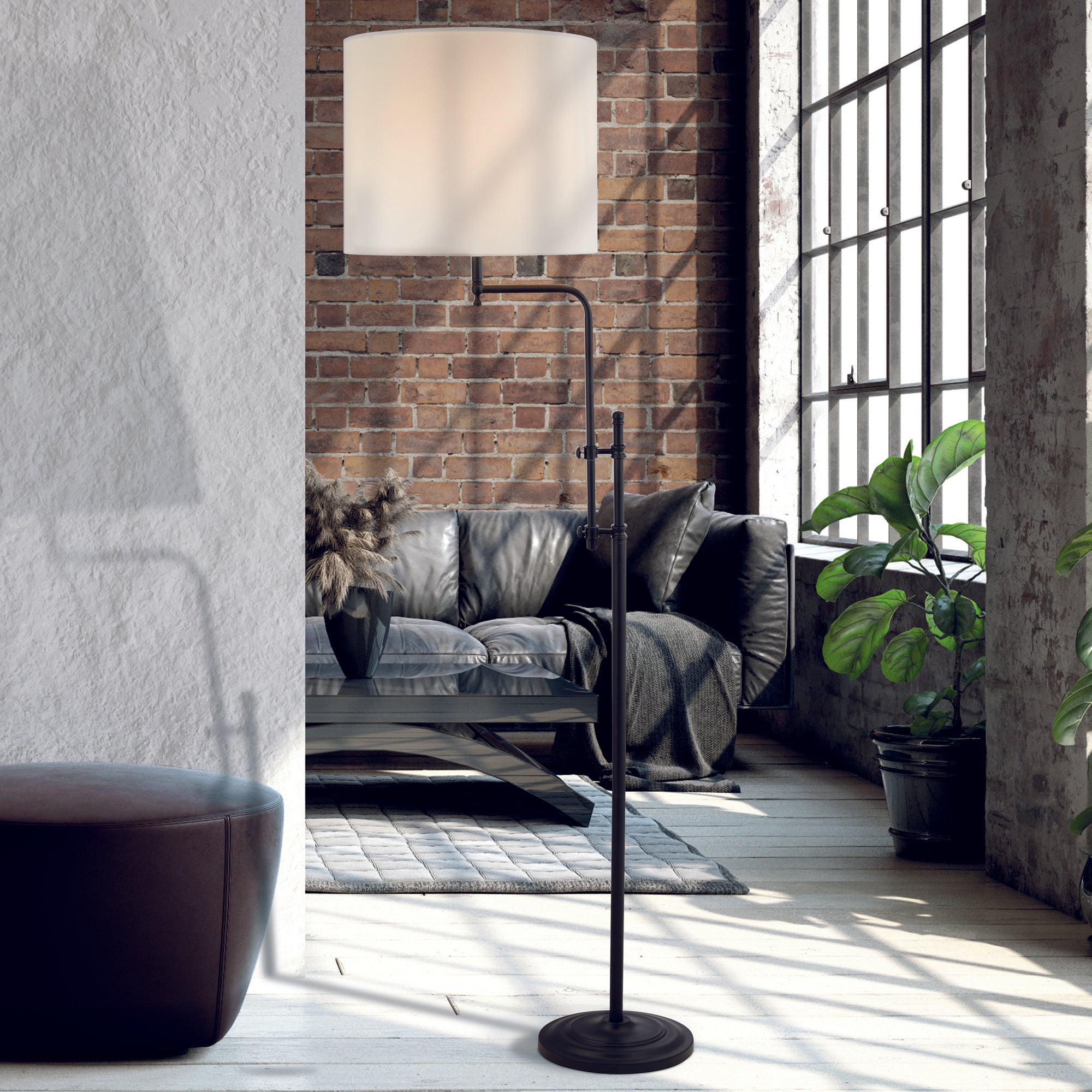 Searchlight Miles Adjustable Floor Lamp - Matt Black & Linen Shade