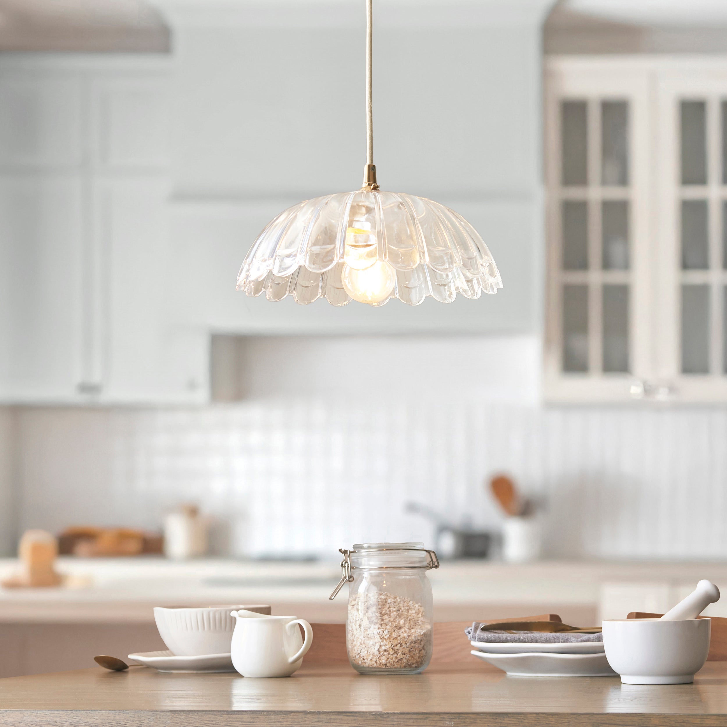 Endon Eltham & Carnation Pendant - Clear Glass & Brushed Aged Brass With Natural Braided Cable