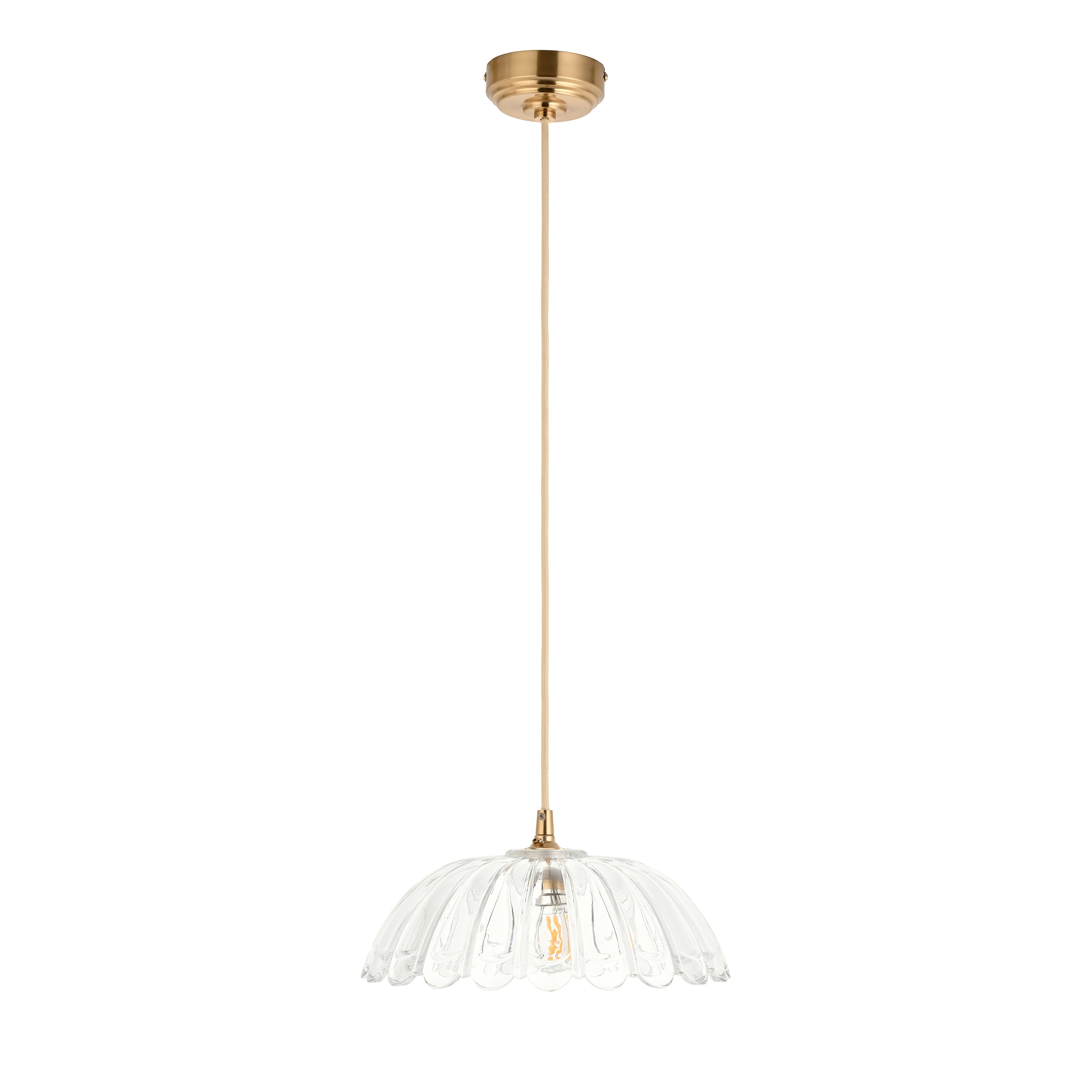 Endon Eltham & Carnation Pendant - Clear Glass & Brushed Aged Brass With Natural Braided Cable