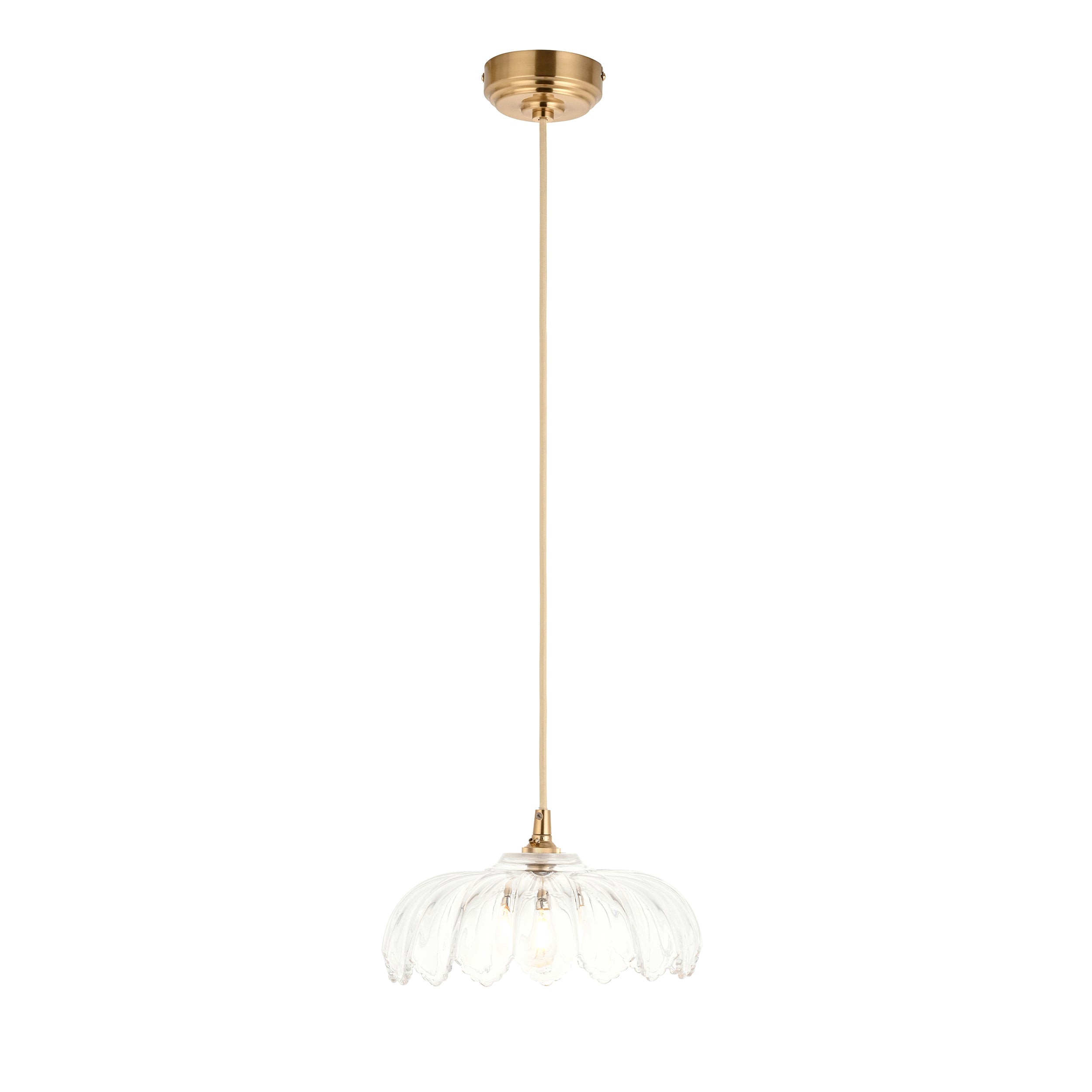 Endon Eltham & Camellia Pendant - Clear Glass & Brushed Aged Brass With Natural Braided Cable
