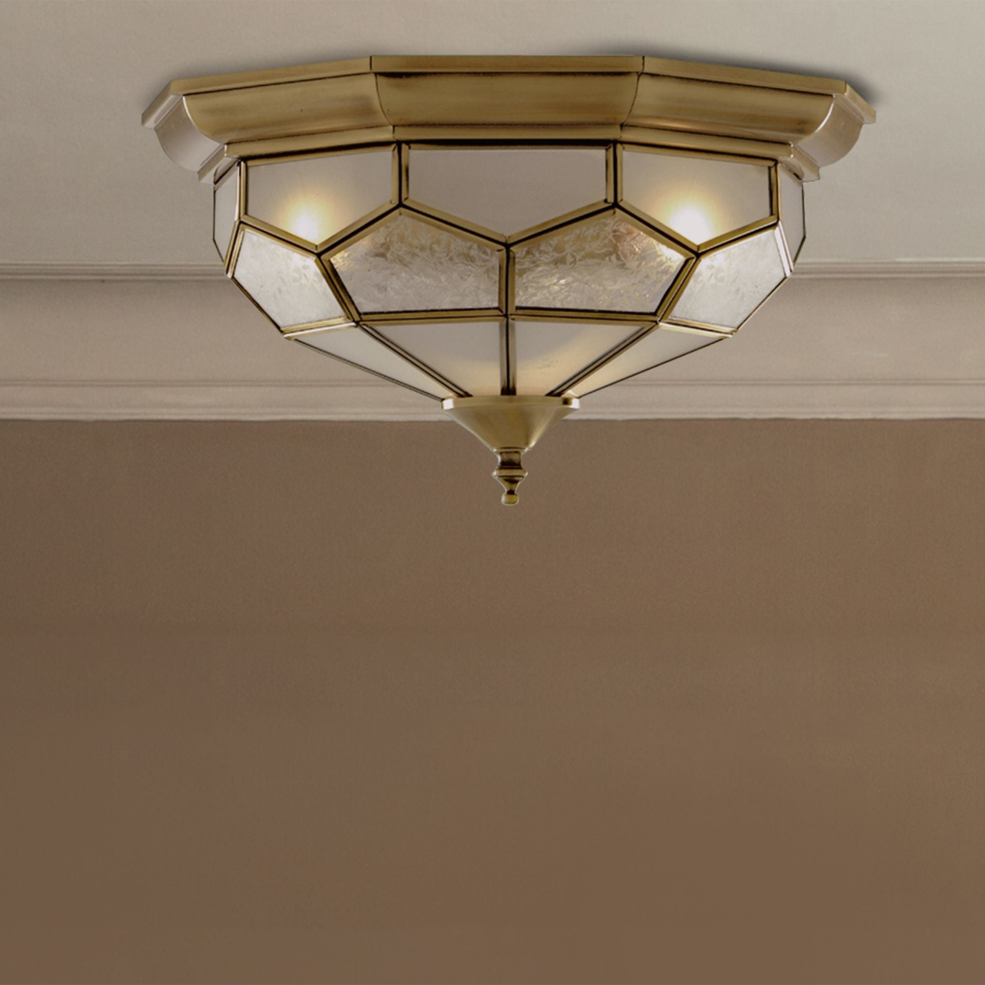 Searchlight Angela Antique Brass Flush Light Fitting With Clear, Frosted And Sanded Glass