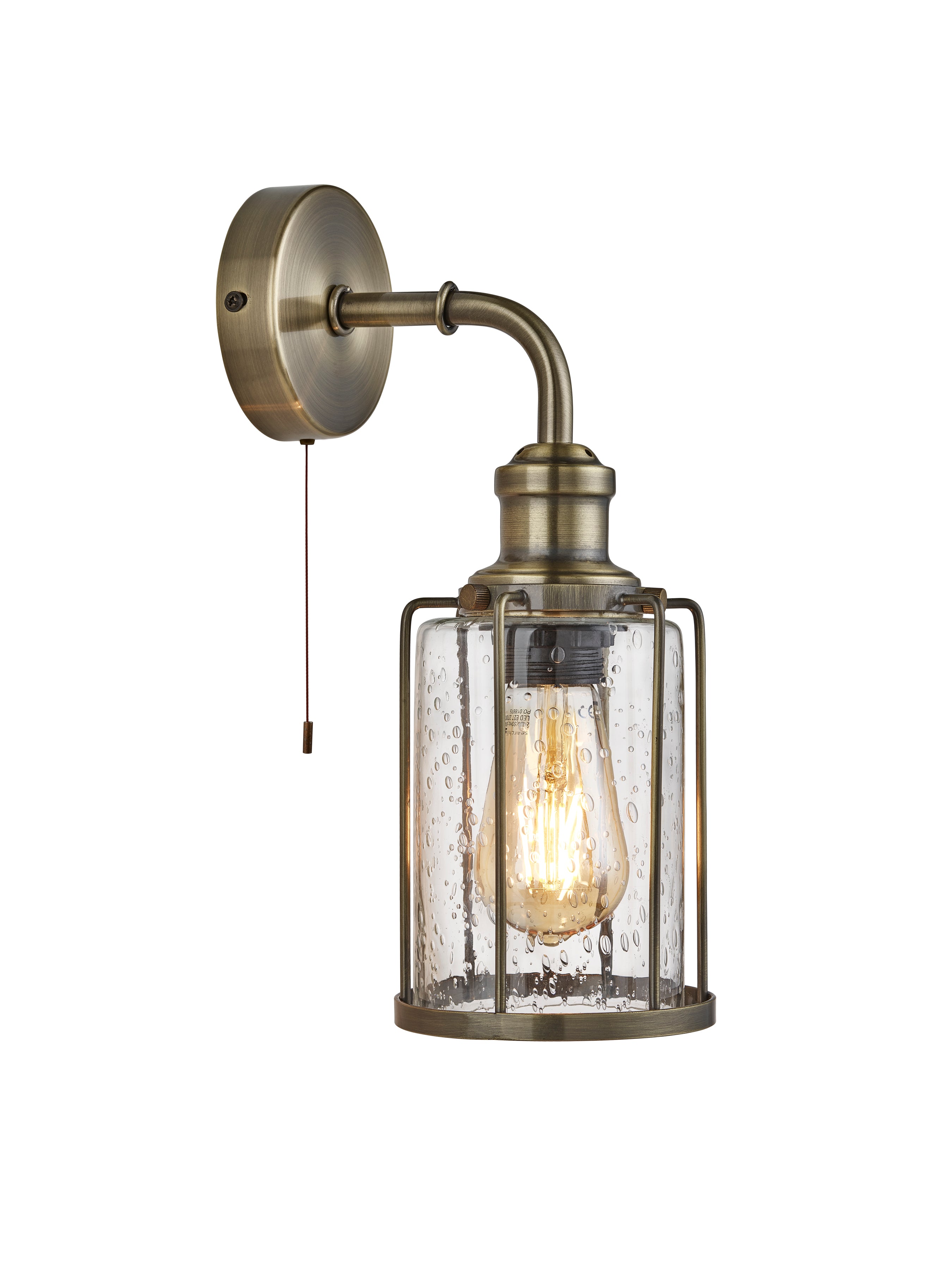 Searchlight Peach Single Wall Light, Antique Brass With Seeded Glass