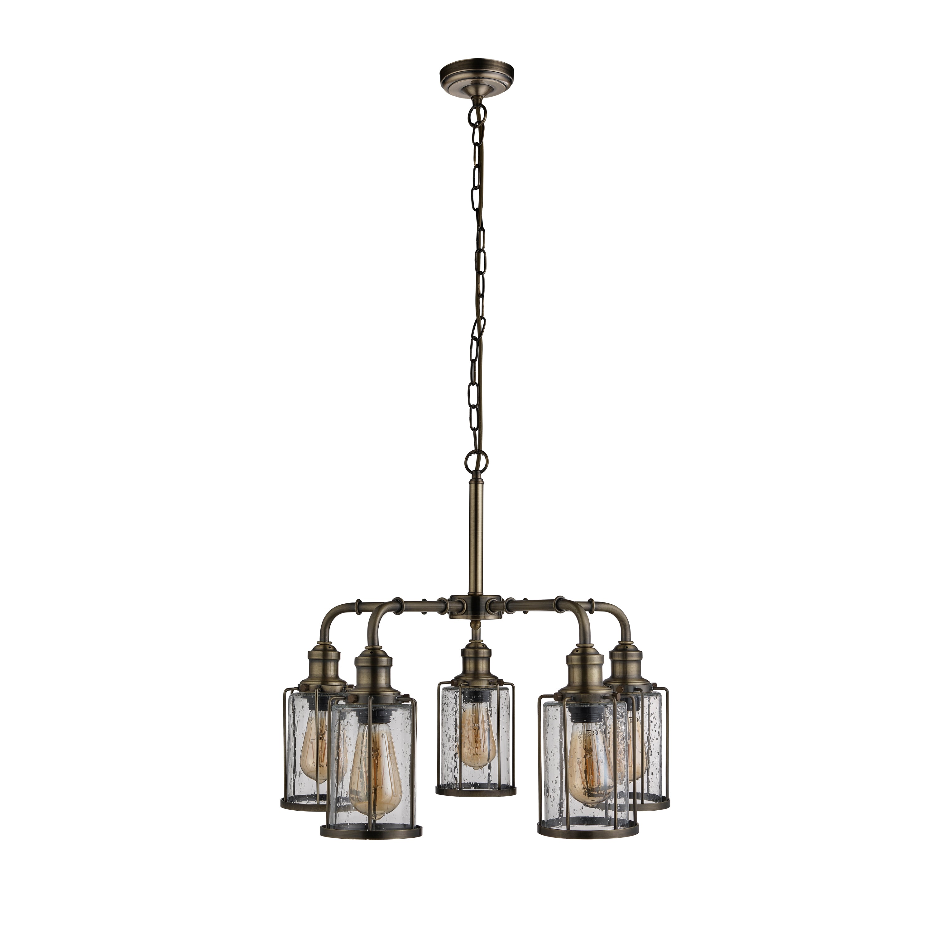 Searchlight Peach 5 Light Pendant, Antique Brass With Seeded Glass