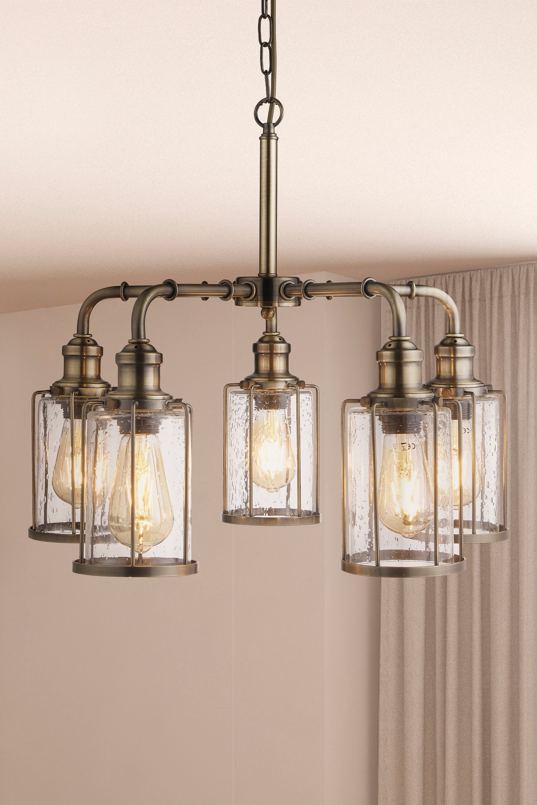Searchlight Peach 5 Light Pendant, Antique Brass With Seeded Glass