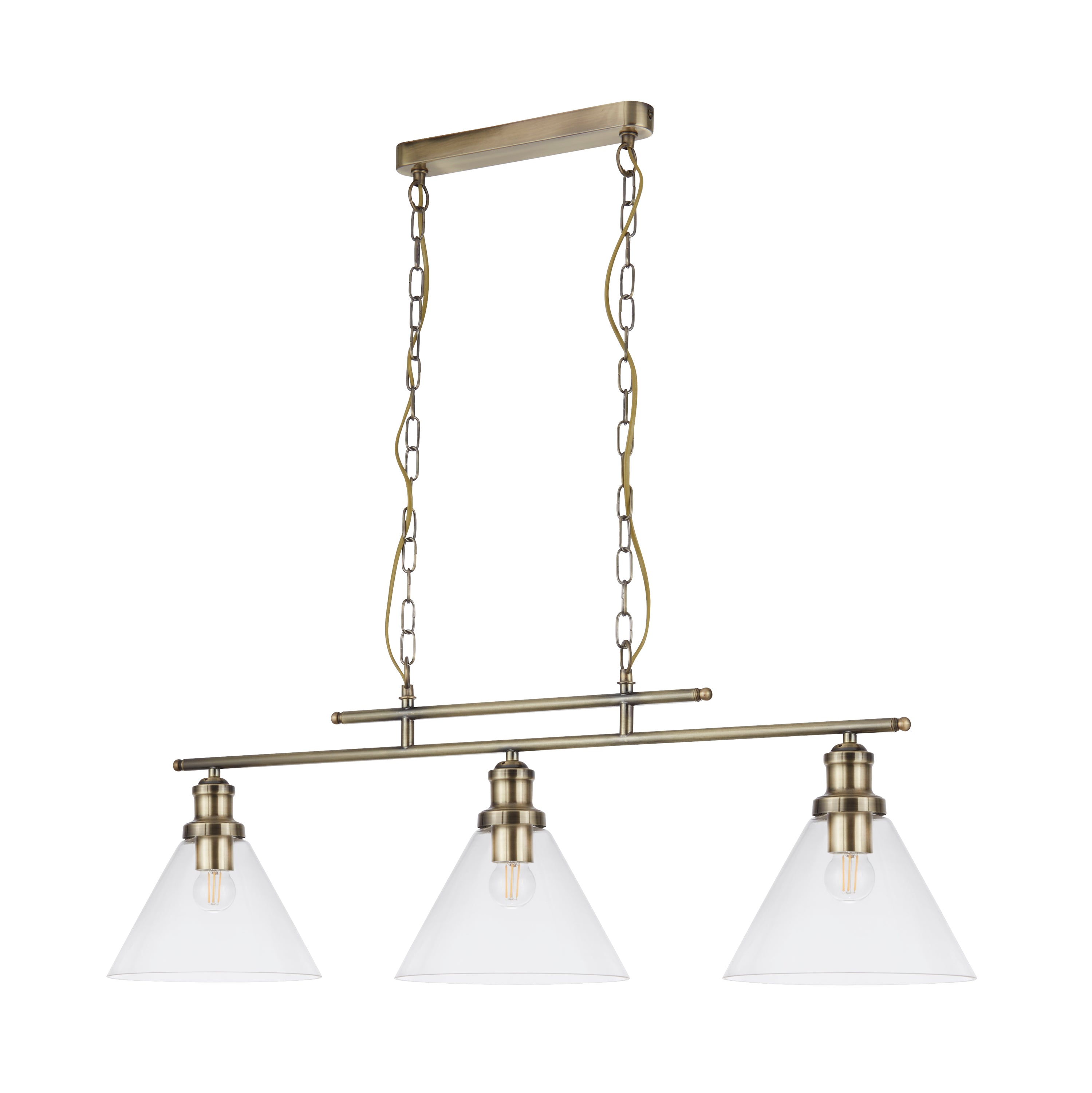 Searchlight Picton 3 Light Pendant Antique Brass, Clear Glass Shade