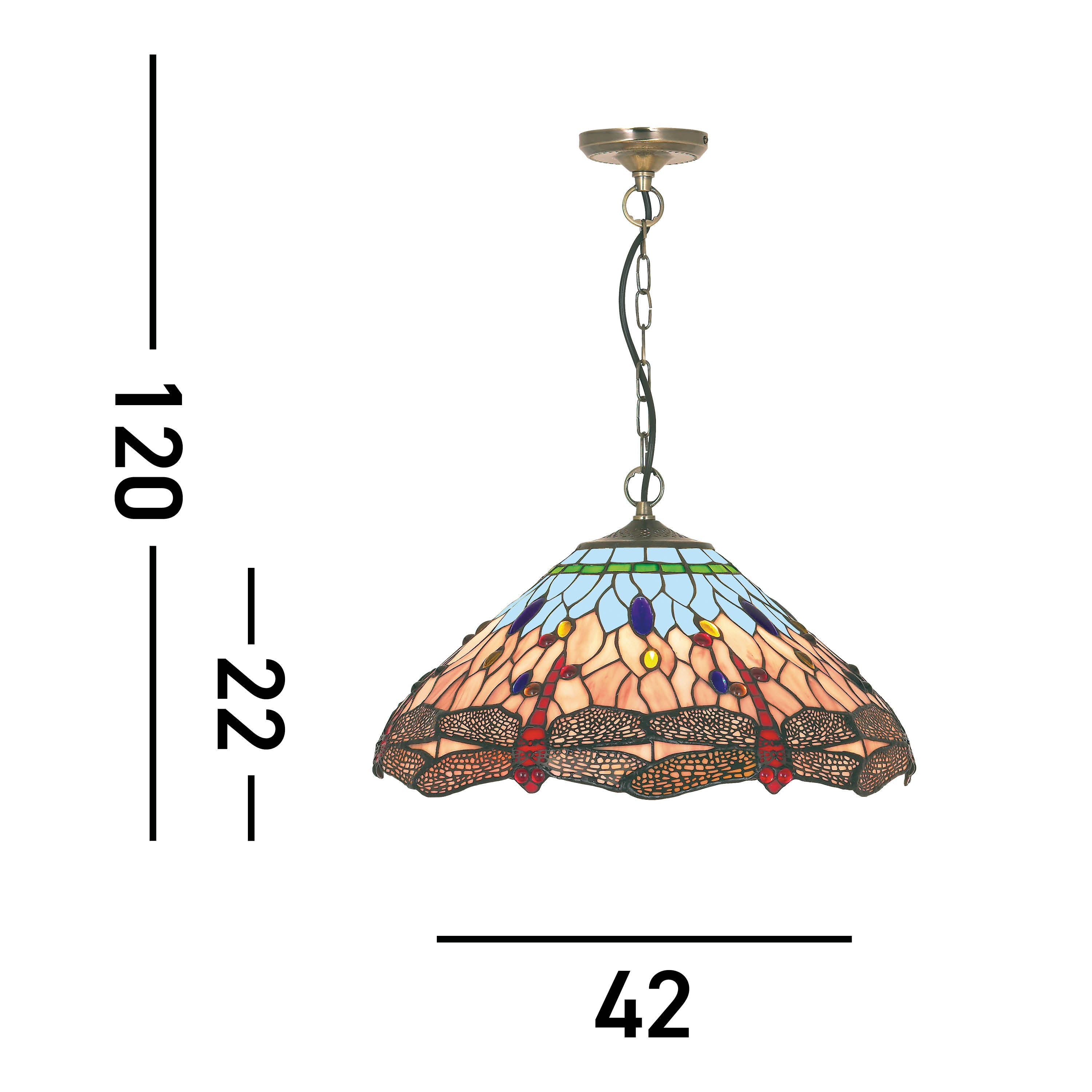 Searchlight Darwen Dragonfly - Single Pendant, Antique Brass, Tiffany Glass