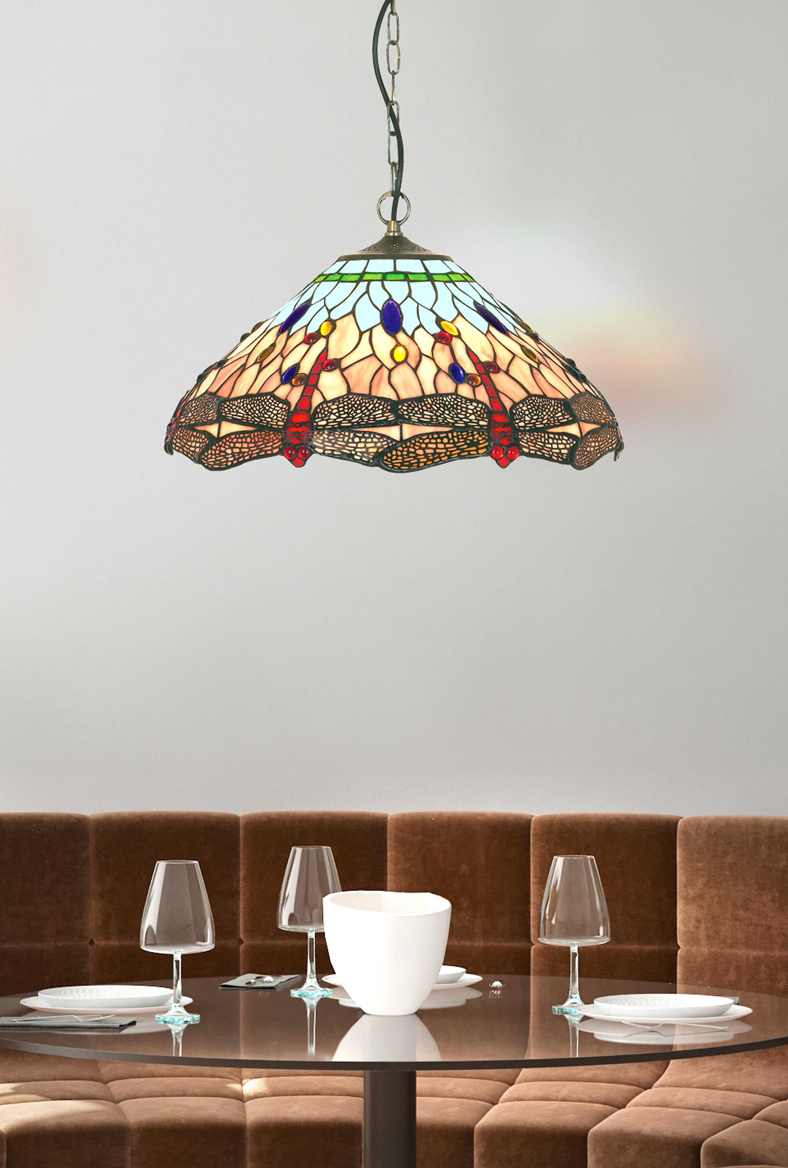Searchlight Darwen Dragonfly - Single Pendant, Antique Brass, Tiffany Glass