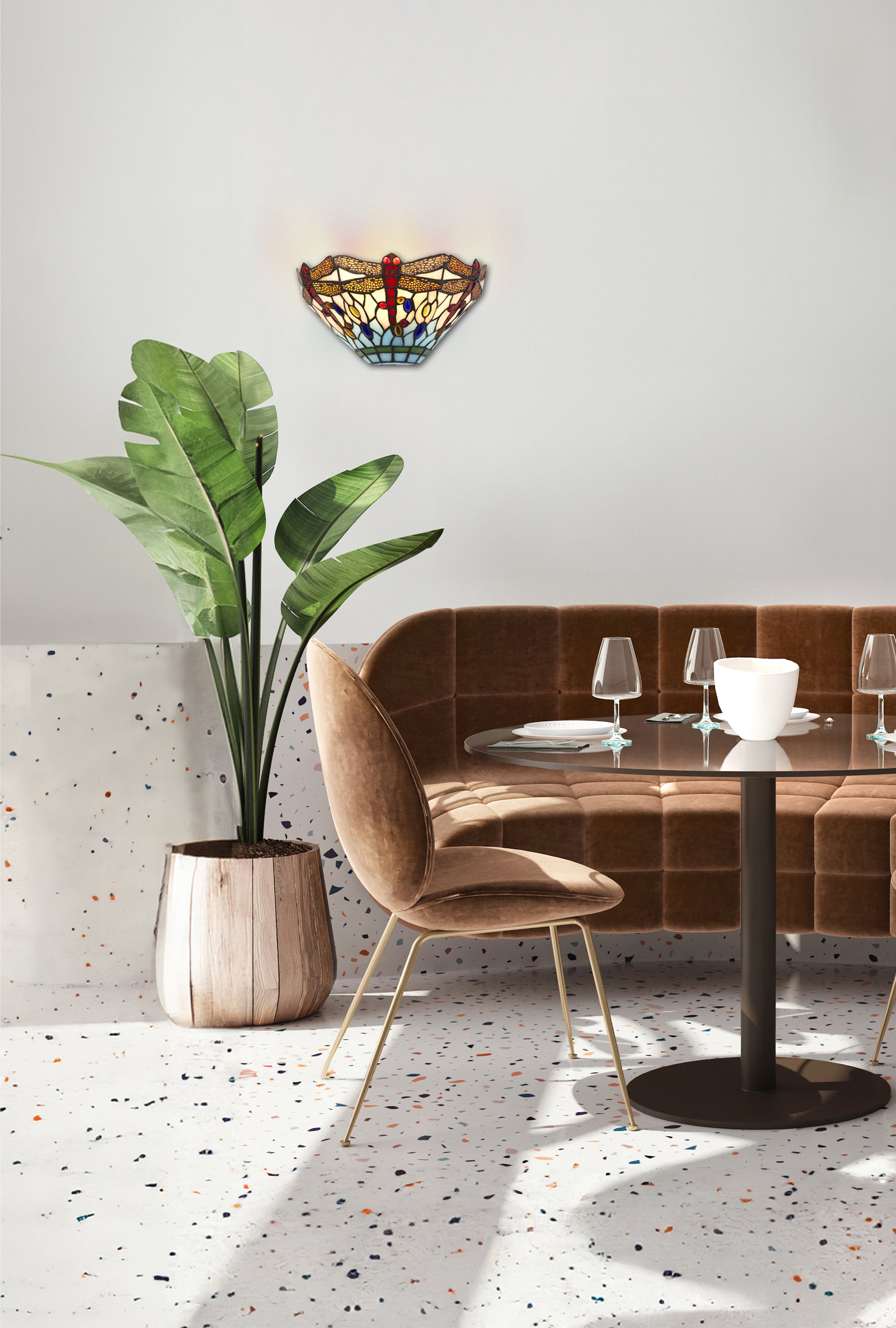 Searchlight Darwen Dragonfly Wall Light - Antique Brass Metal & Stained Glass