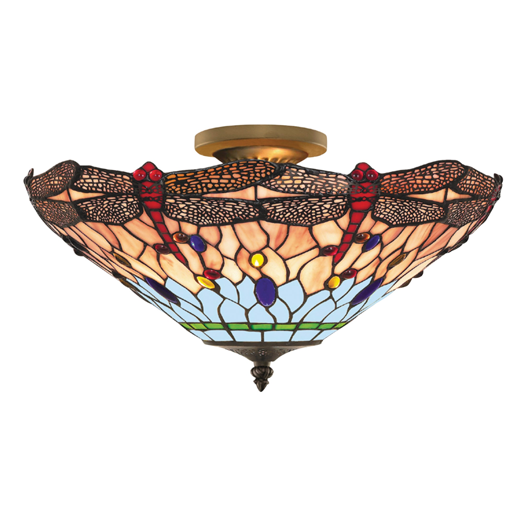 Searchlight Darwen Dragonfly - Single Semi-Flush Ceiling Fitting, Antique Brass, Tiffany Glass