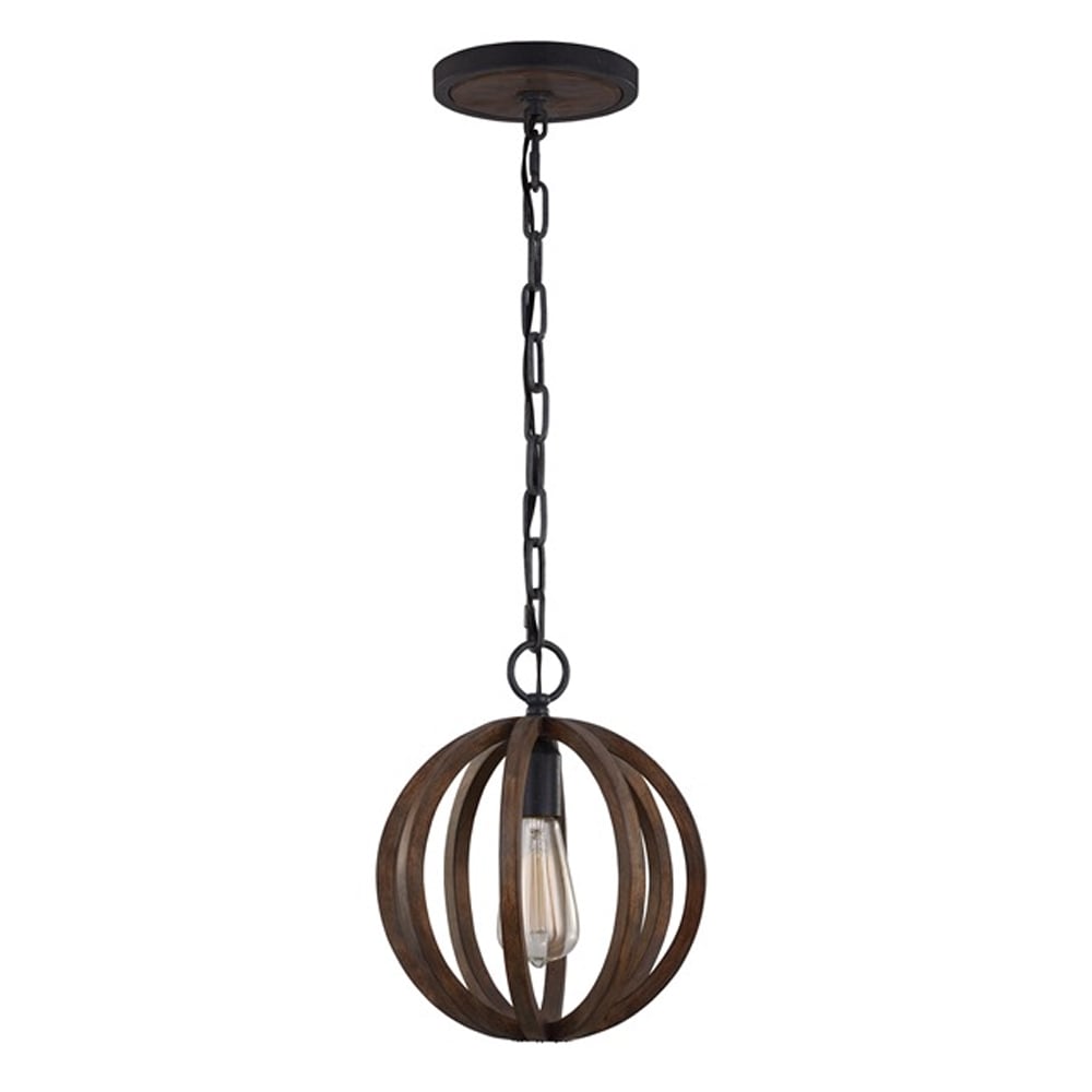 Feiss Allier Mini Pendant - Weathered Oak Wood & Antique Forged Iron
