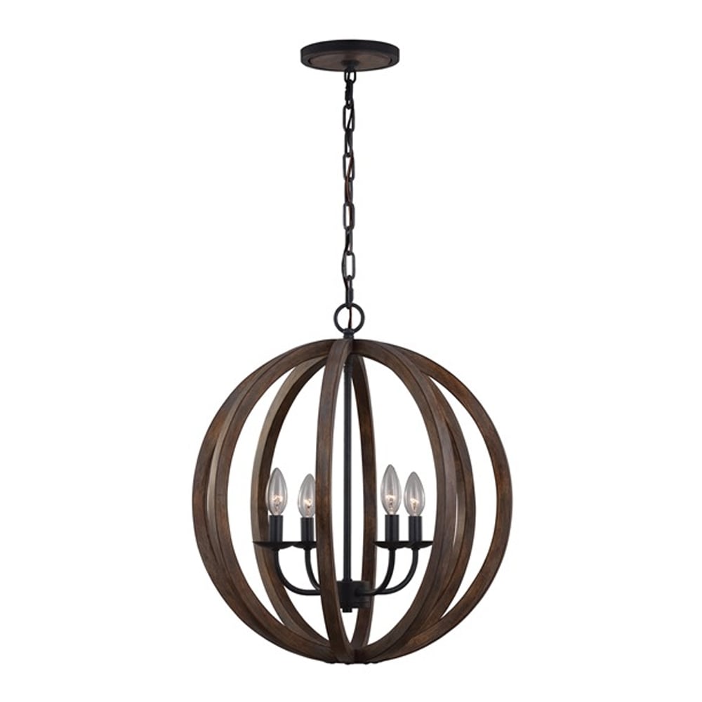 Feiss Allier 4 Light Pendant - Weathered Oak Wood & Antique Forged Iron