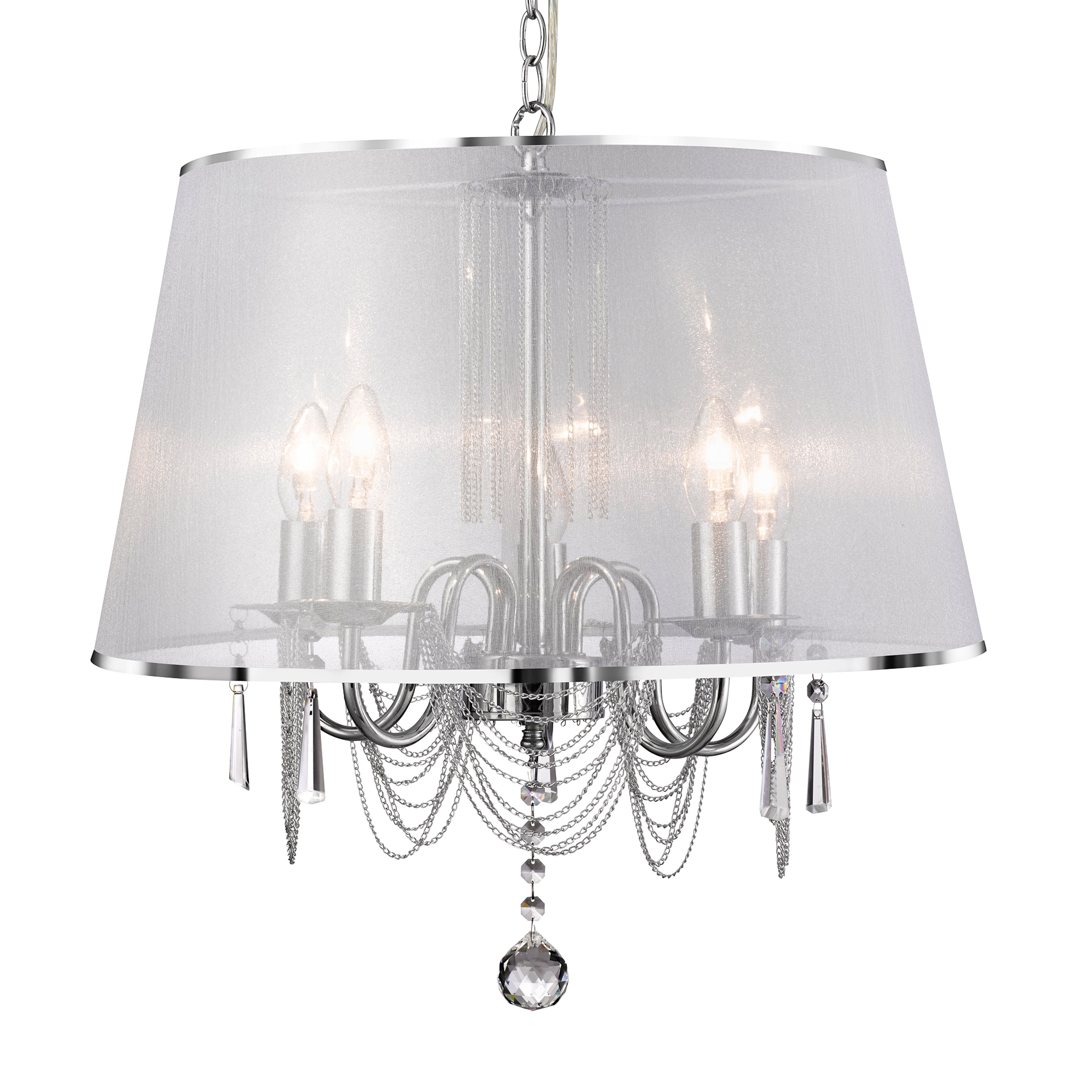 Searchlight Veralum - 5 Light Ceiling, Chrome, Chain Link, Clear Crystal Glass, White Voile Shade