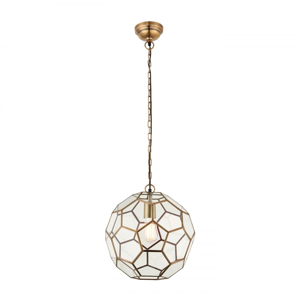 Endon Miele Single Light Pendant - Antique Brass Plate & Clear Glass