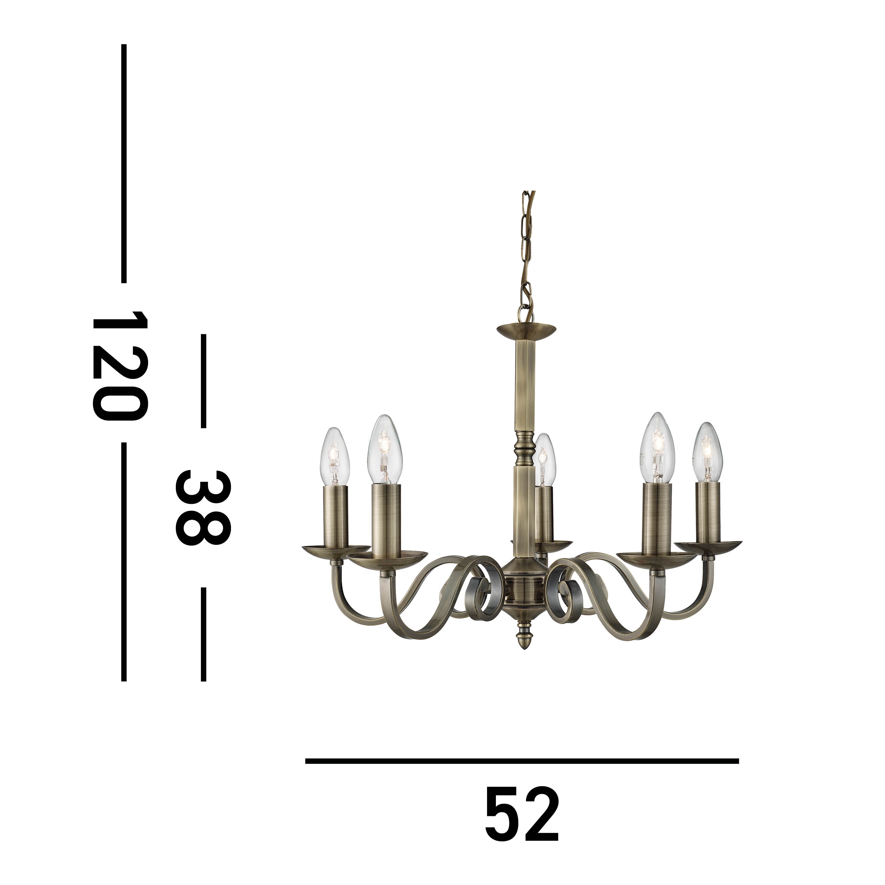 Searchlight Rankin Antique Brass 5 Light Ceiling Fitting With Candle Style Sconces